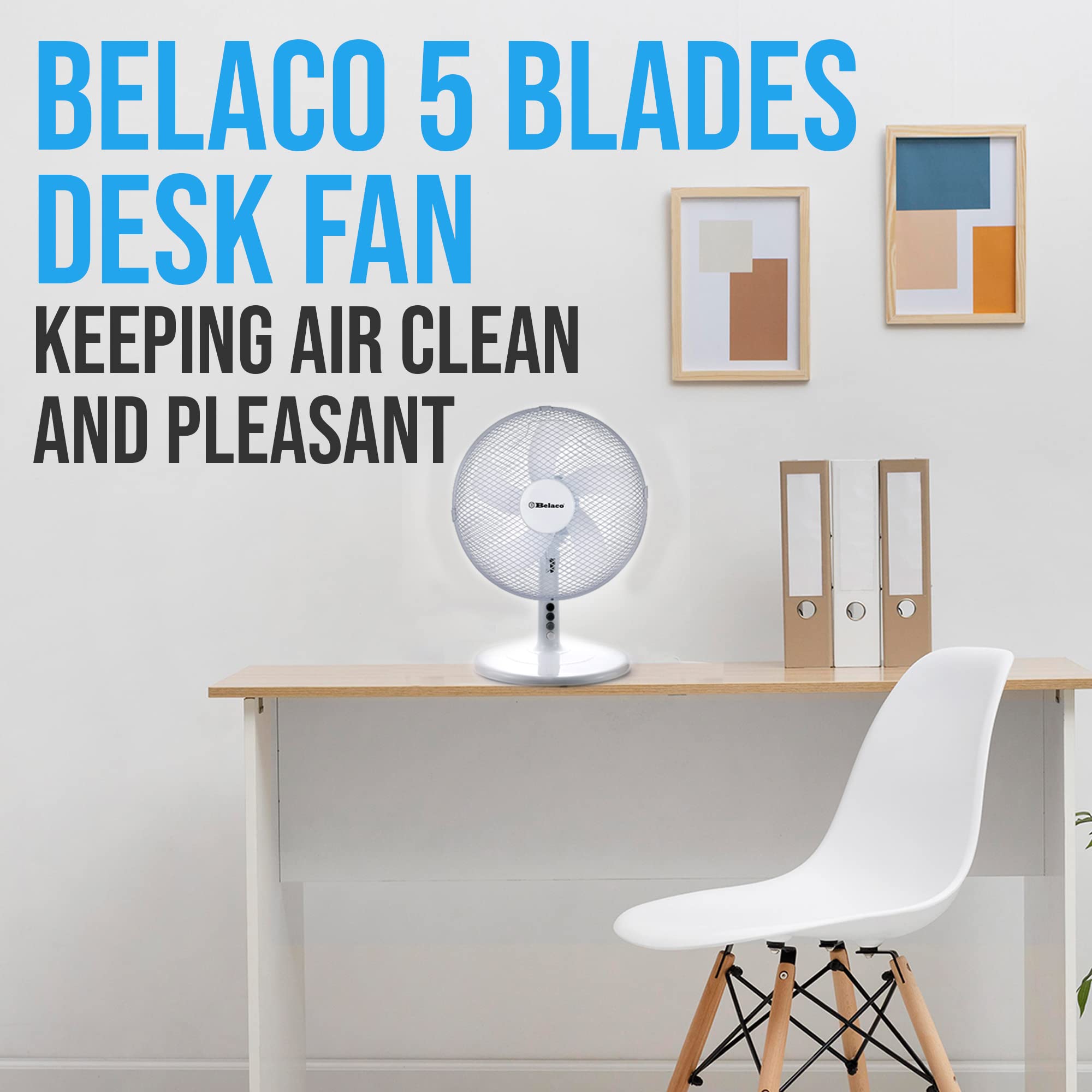 Belaco 12 Inch 3-Speed Oscillating Table Fan - Quiet Desk Fan with Sturdy Base & Safety Mesh for Home, Office, Dorm, Bedroom - White | Perfect for Cooling Workspaces, Living Rooms & Small Spaces