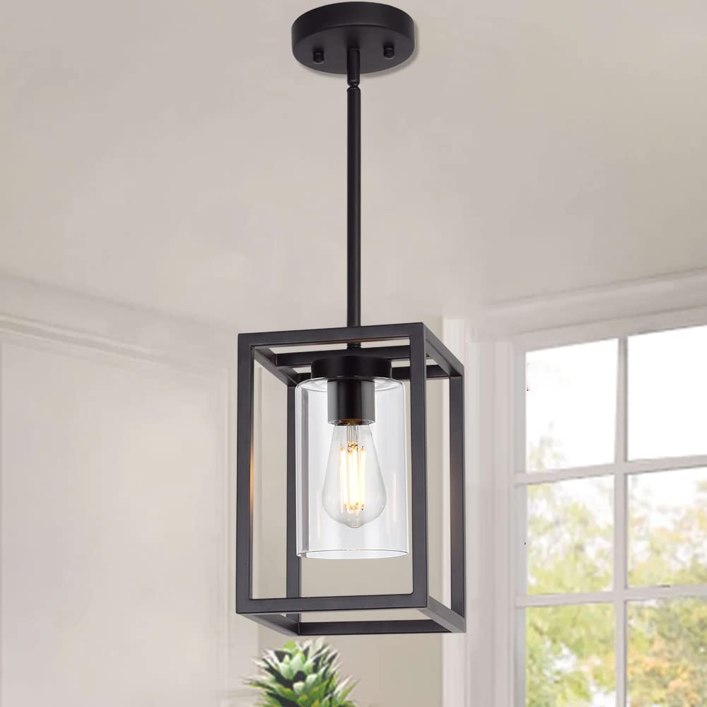 VINLUZ Black Cage Farmhouse Pendant Light with Glass Shade - Modern 1-Light Kitchen Island Chandelier for Dining Room, Living Room & Home Decor | Rustic Industrial Ceiling Hanging Fixture for Farmhouse, Loft & Contemporary Spaces