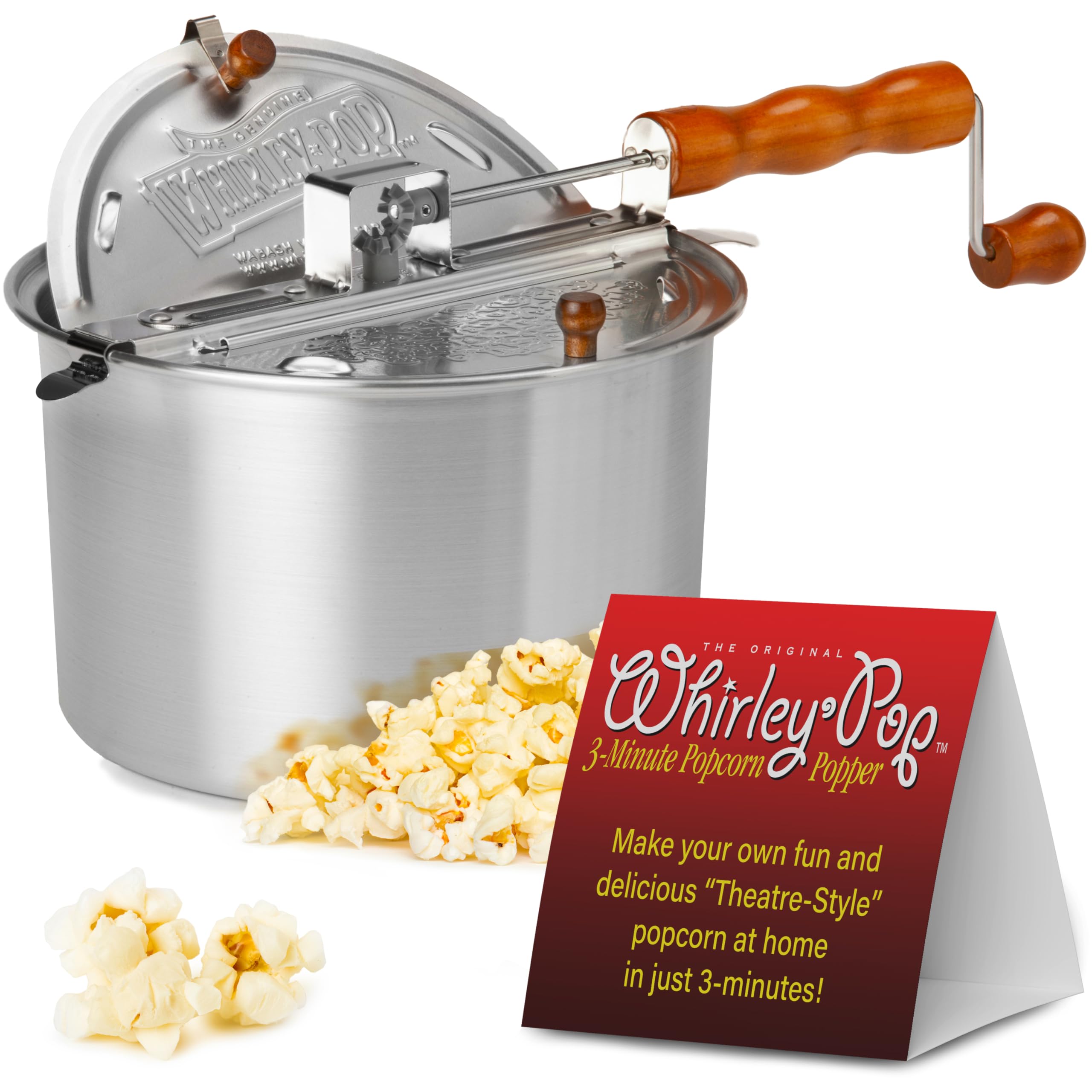 Original Whirley Pop Popcorn Maker - 6 Qt Silver Aluminum Stovetop Popcorn Popper with Metal Gear | Perfect for Movie Nights, Camping & Family Gatherings | Includes Good Time Guide by Wabash Valley Farms