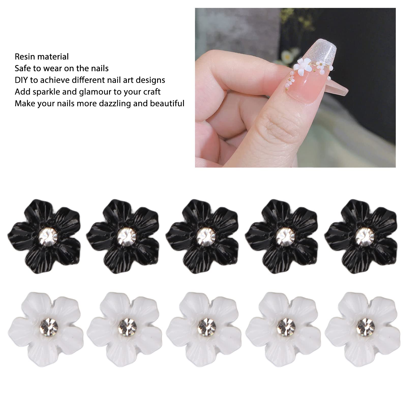3D Flower Nail Art Decorations - Black & White 5 Petal for DIY Manicure