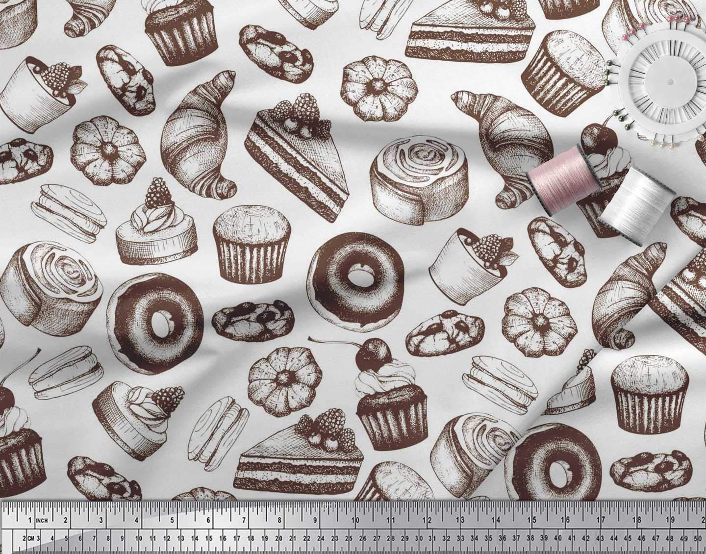 **Soimoi Polyester Crepe White Fabric by the Yard - 42 Inch Wide - Cupcake, Donut & Cookies Food Print - Whimsical Printed Fabric for DIY Crafts, Quilting, and Home Decor**