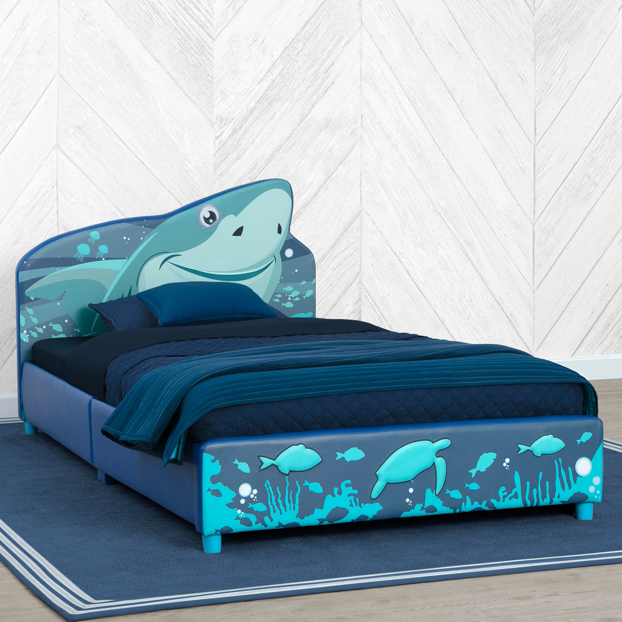 Shark Upholstered Twin Bed - Soft Fabric Platform Bed Frame with Sturdy Wooden Legs for Kids & Teens Bedroom, Dorm Room or Guest Room