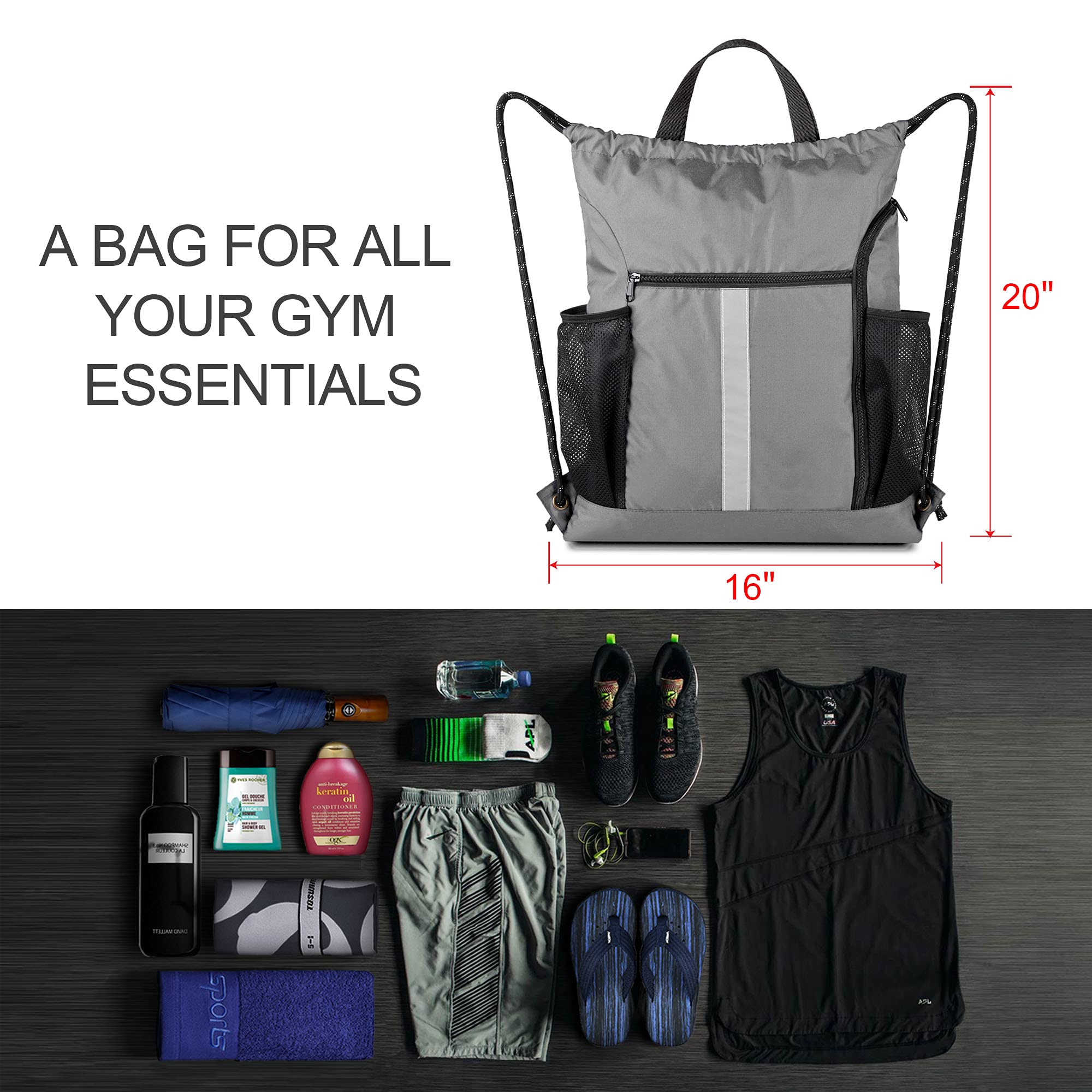 BeeGreen Drawstring Backpack - Lightweight Sports Gym Bag with Shoe Compartment & Dual Water Bottle Pockets | Perfect for Workouts, Travel, and Outdoor Activities