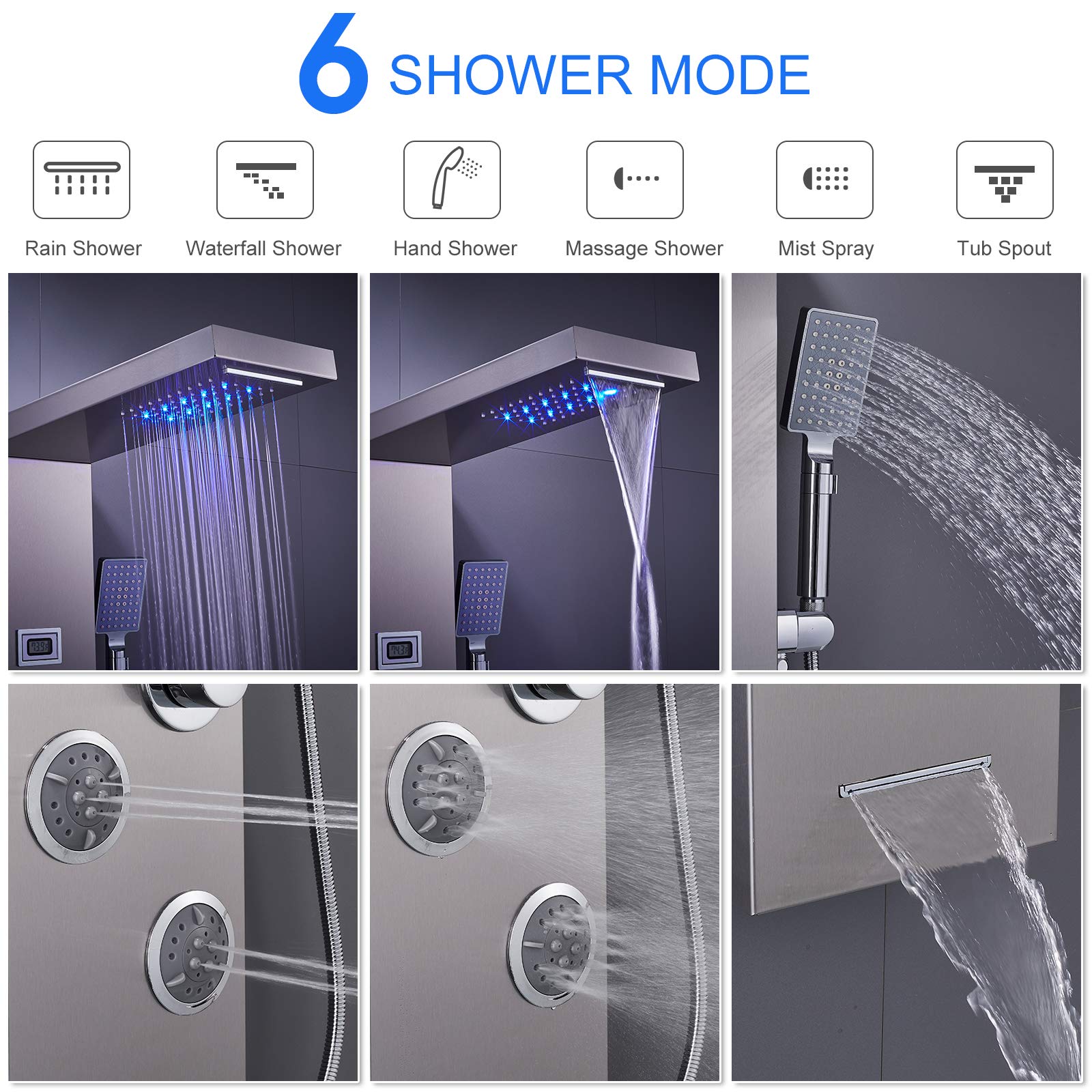 6 in 1 Stainless Steel LED Shower Panel Tower System with Rainfall Showerhead, Waterfall, Massage Jets, Tub Spout & Handheld - MENATT Brushed Finish for Luxurious Bathroom Upgrade | Perfect for Spa-Like Experience at Home