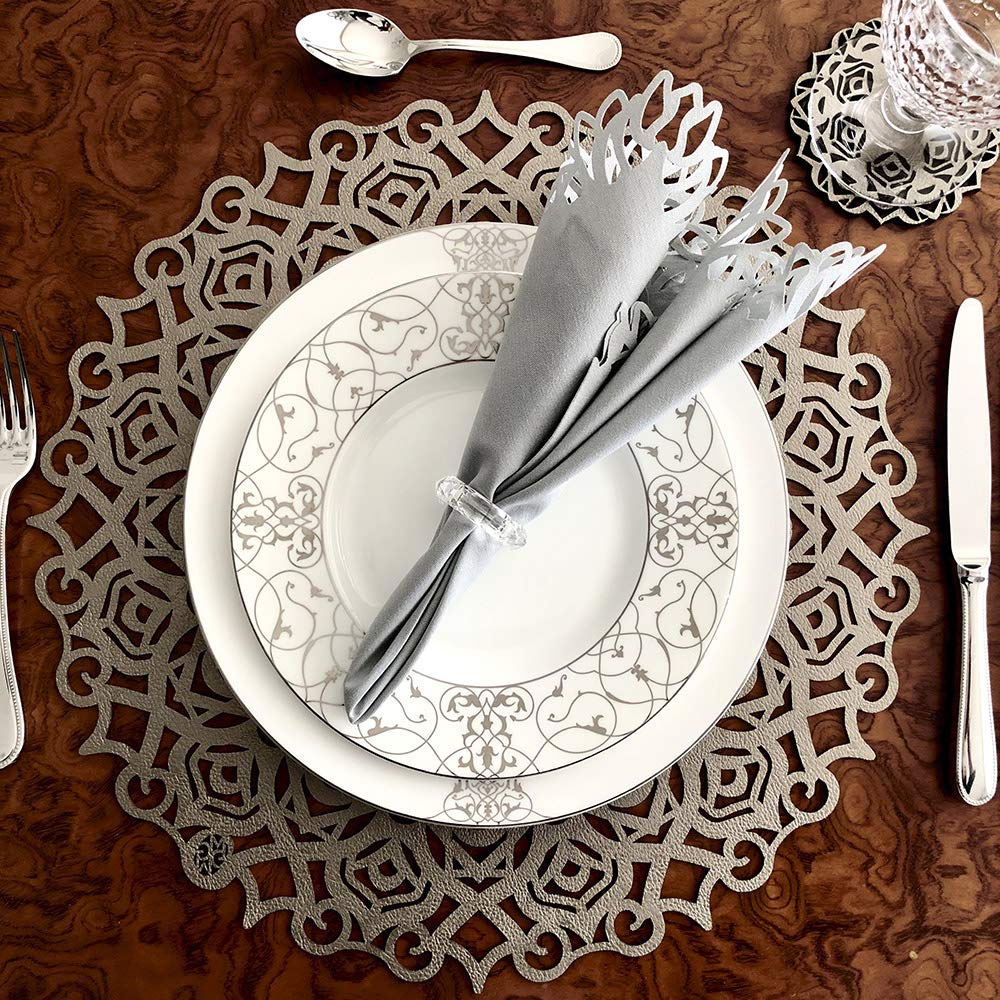 Mijal Gleiser Double Sided Heat Resistant Non-Slip Placemats Set of 4 - Laser Cut Stain Resistant Table Mats for Dining, Kitchen & Home Decor (Sea Flower Collection, Silver-Turquoise)