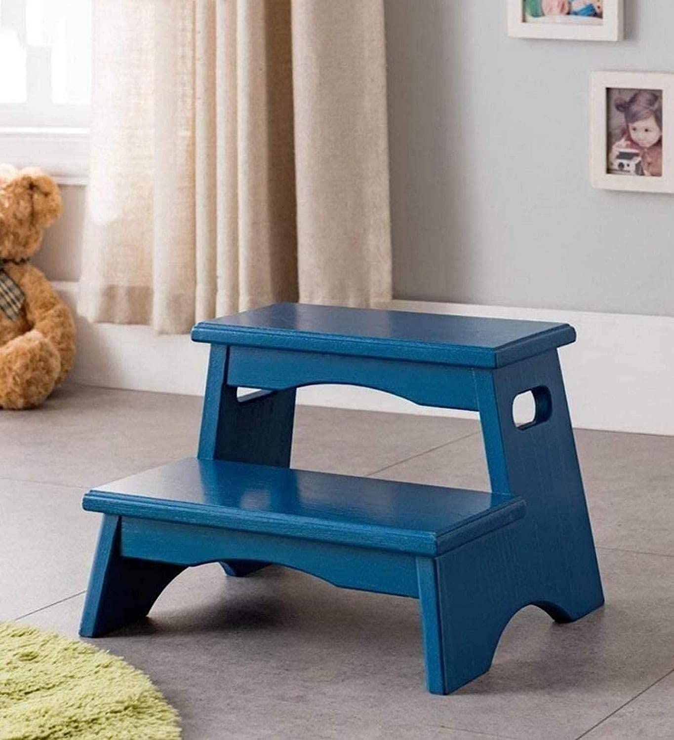 OKUOKA Wooden Step Stool - Multifunctional Home Ladder Stool for Kids & Adults, Solid Wood Indoor Climbing Step Stool (Blue) - Perfect for Kitchen, Bathroom, and Bedroom Use