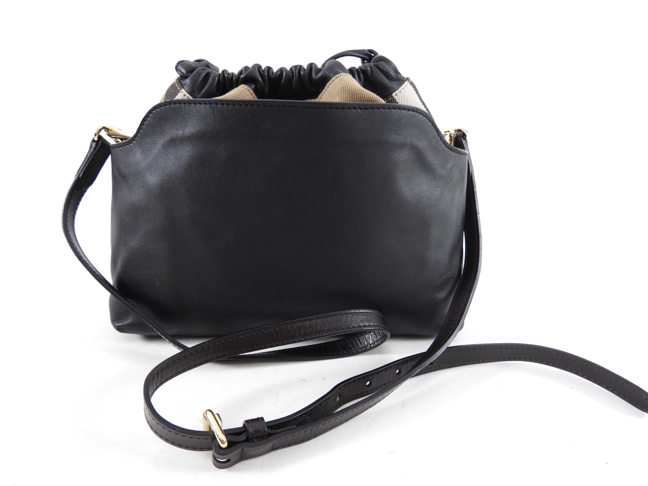 Burberry Black Leather and Check Little Crush Drawstring Bag - Luxury Crossbody Purse for Women, Fashionable Everyday Handbag for Work, Travel & Date Night