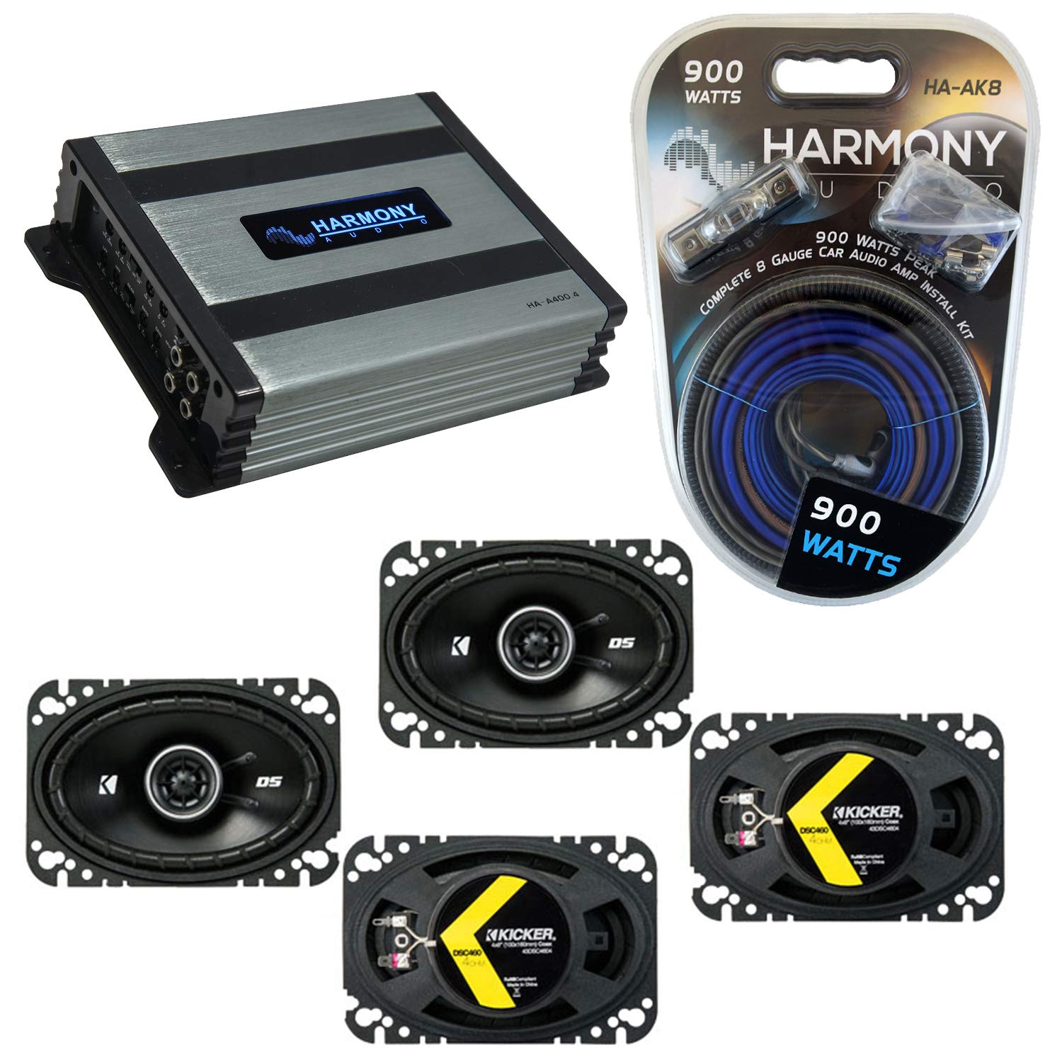**Harmony Audio Factory Speaker Replacement Bundle (2) DSC46 & HA-A400.4 - Compatible with Porsche 924 1987-1989 - Premium Car Audio Upgrade for Enhanced Sound Quality**    *(Perfect for upgrading your Porsche 924's factory sound system with high-performance Kicker speakers and Harmony amplifier for a richer, clearer audio experience on the road.)*