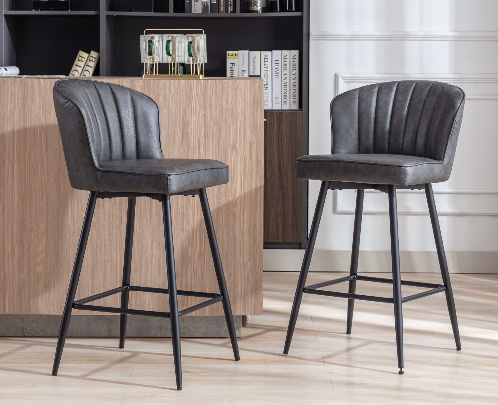 EALSON 26 Inch Counter Height Bar Stools Set of 4 - Modern Leather Bar Chairs with Backrest & Metal Footrest - Upholstered Kitchen Island Stools for Home Bar, Dining Room & Breakfast Nook - Grey - Perfect for Entertaining, Casual Dining & Kitchen Counter Seating