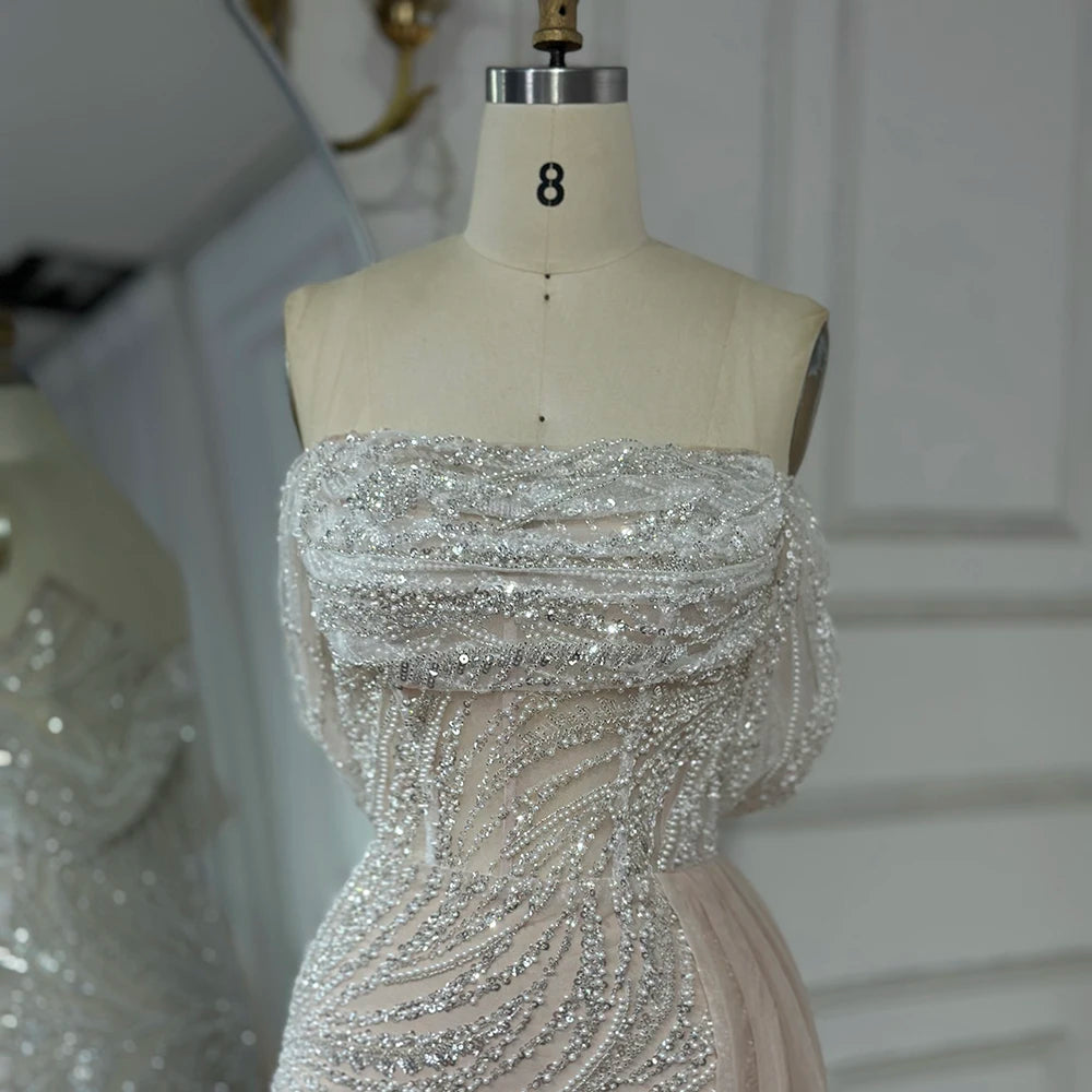 Elegant White Arabic Nude Beaded High Slit Mermaid Evening Gown for Women - Wedding, Party, Prom Dresses | Perfect for Formal Events, Red Carpet & Special Occasions