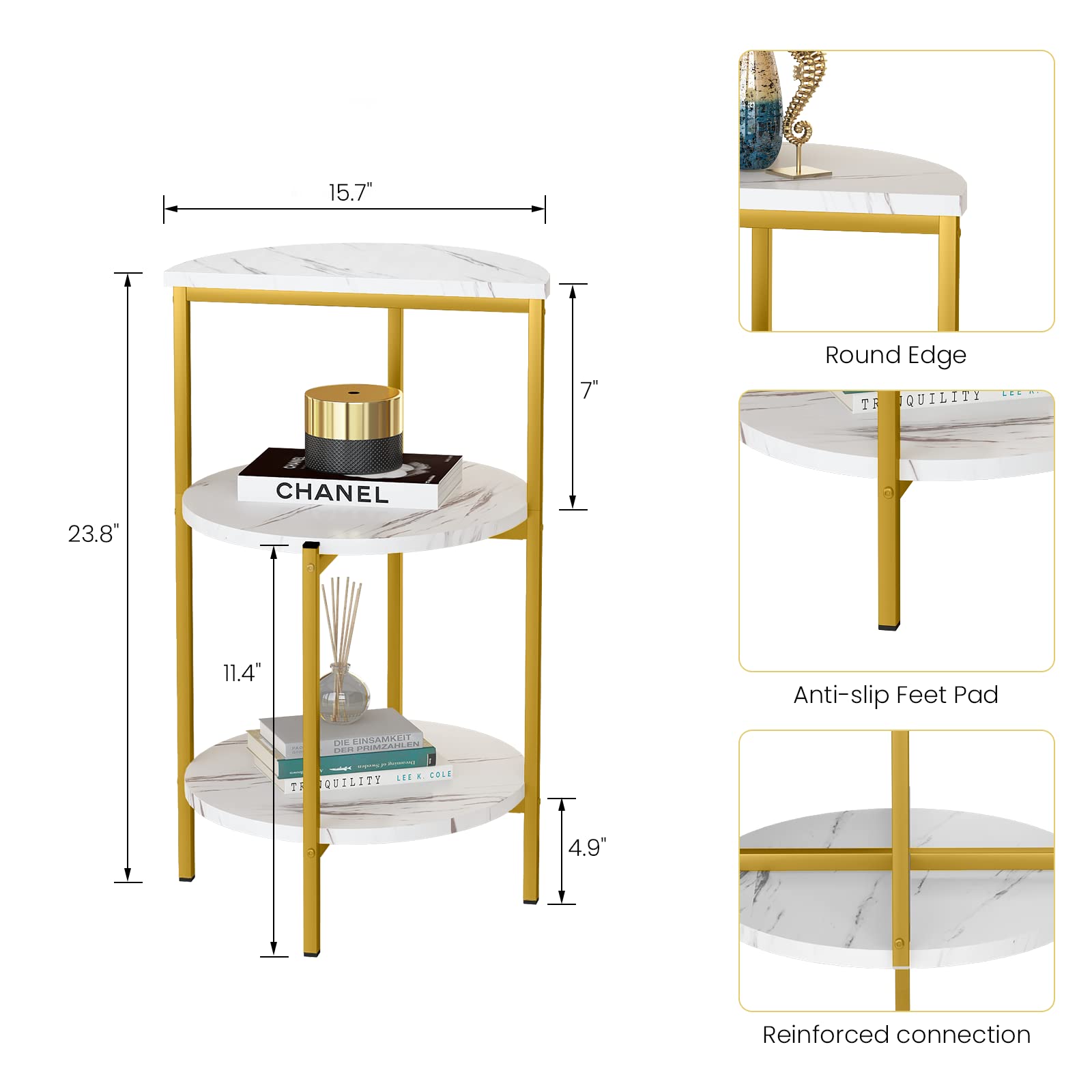 AWQM 3-Tier Marble End Table with Metal Frame - Small Round Side Table for Sofa, Coffee Table & Bedside - White & Gold Accent - Perfect for Living Room, Bedroom & Corner Spaces