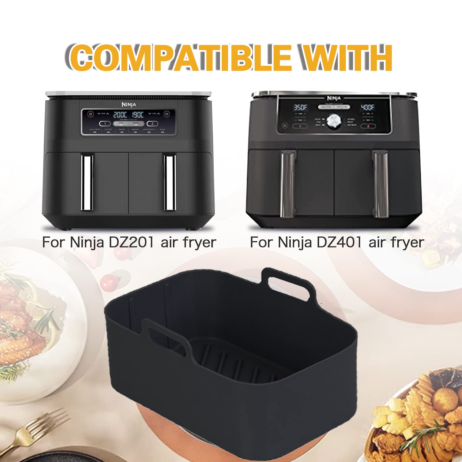 2PCS Air Fryer Silicone Pot Liners for Ninja Foodi Dual DZ201 - Reusable Non-Stick Rectangle Basket (8QT) - Black Air Fryer Accessories for Healthy Cooking & Easy Cleanup - Perfect for Roasting, Baking & Frying Vegetables, Chicken Wings & Snacks
