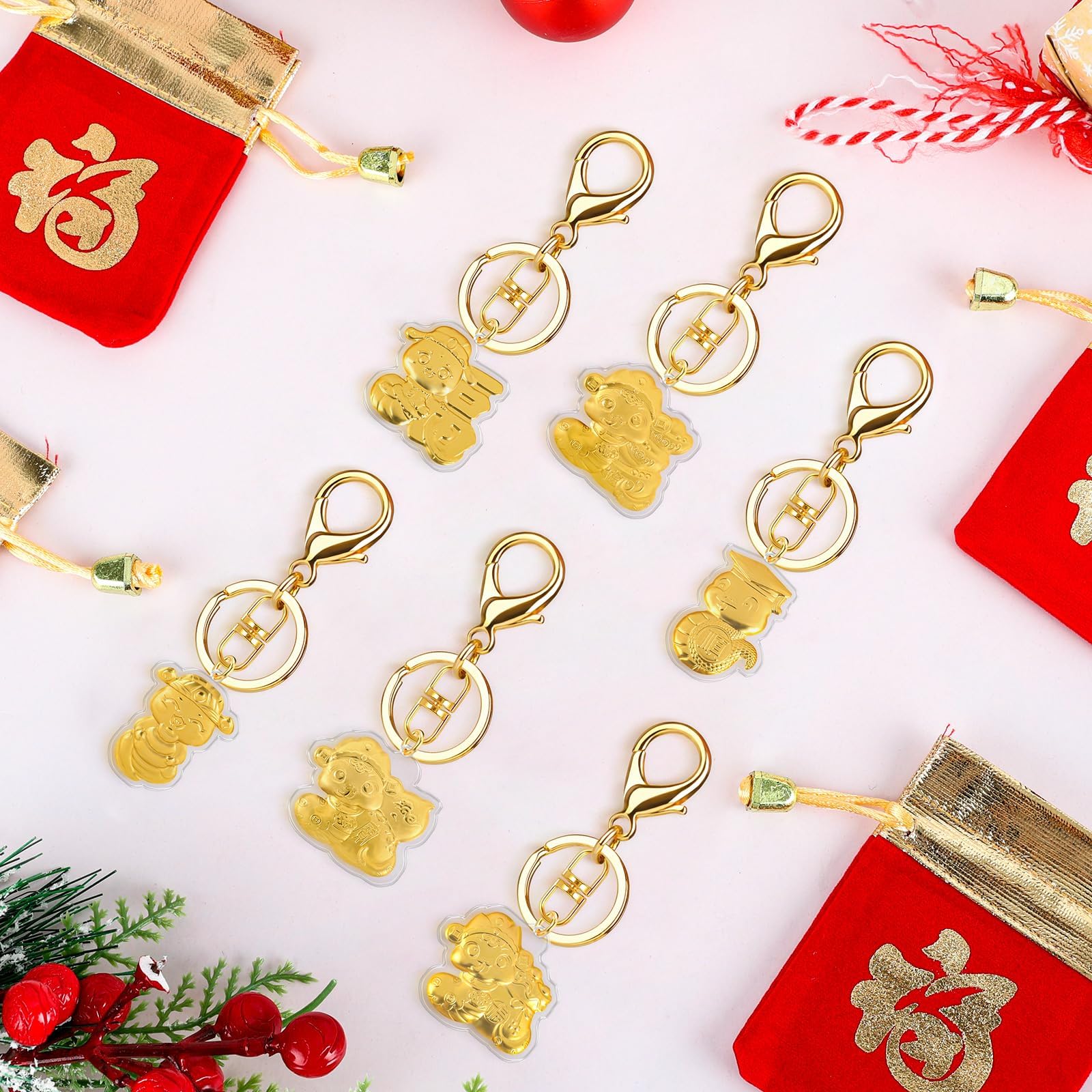 12 Sets Snake Keychains - 2025 Chinese Zodiac Snake Keyrings with Red Fu Drawstring Bags - Perfect for Lunar New Year Gifts, Party Favors & Home Decor