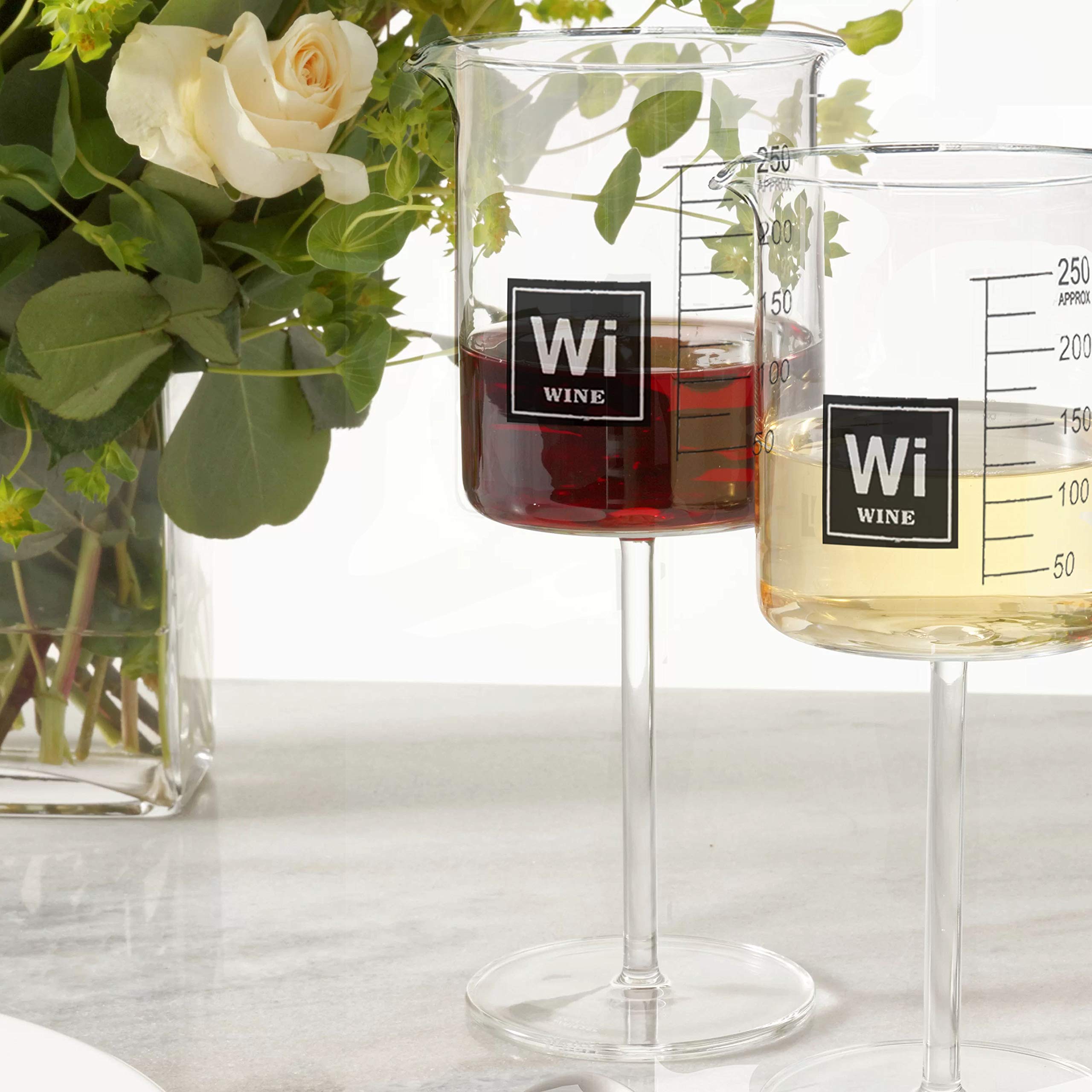 Set of 2 Clear Glass Laboratory Beaker Wine Glasses - 8oz Capacity - Perfect for Science Themed Parties, Chemistry Experiments & Unique Drinking Glasses