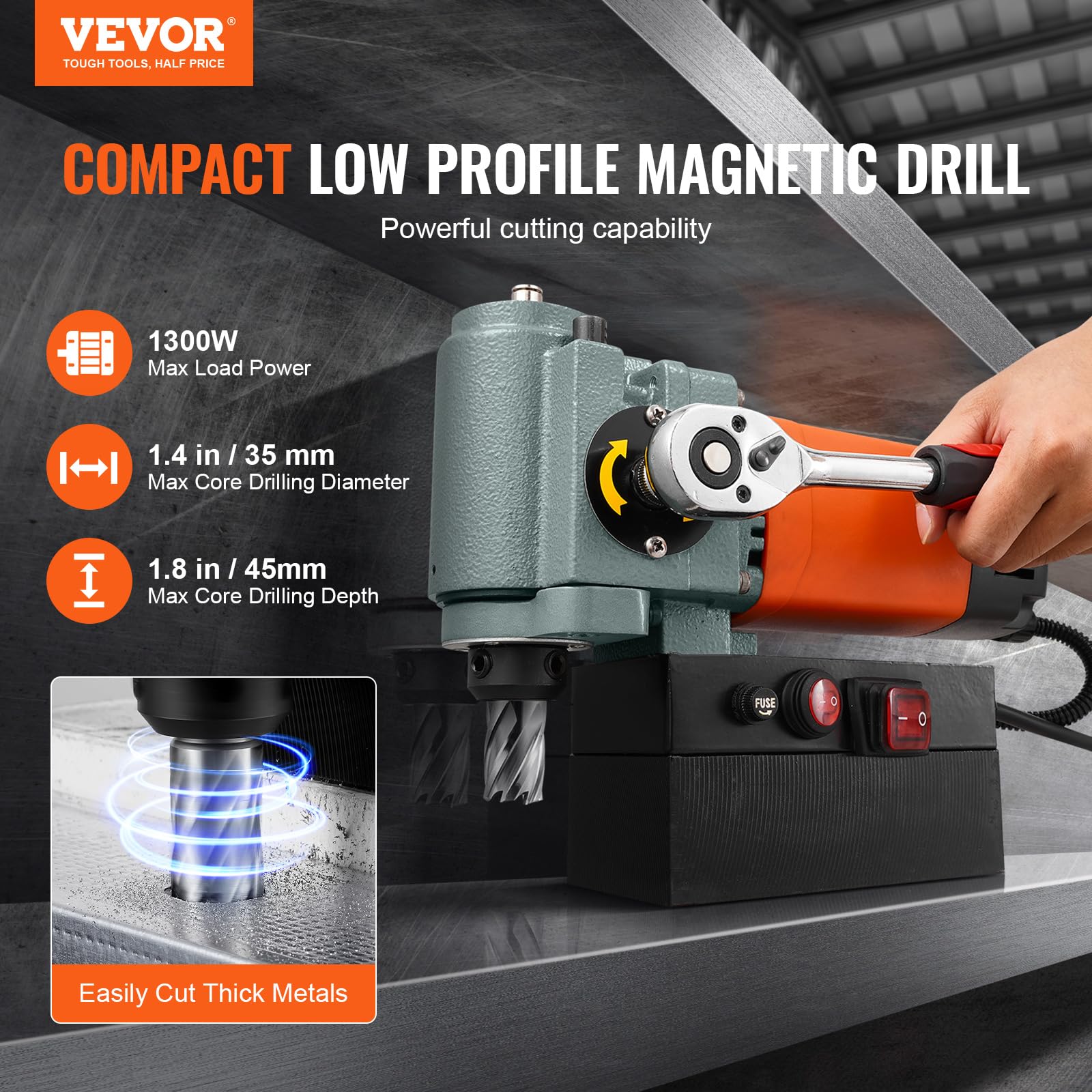 VEVOR 1300W Low Profile Magnetic Drill Press - 1.38