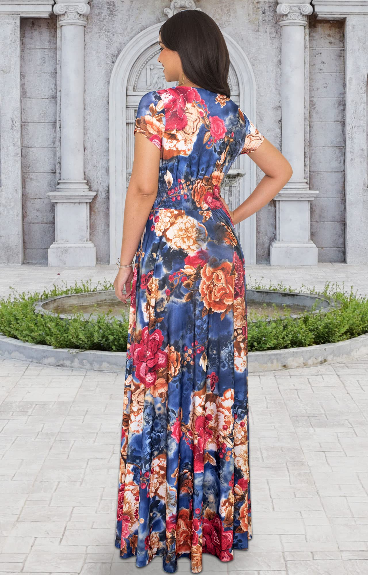KOH KOH Women's Long Floral Print Maxi Dress - Summer Short Sleeve Flowy Modest Gown for Beach, Vacation & Casual Wear