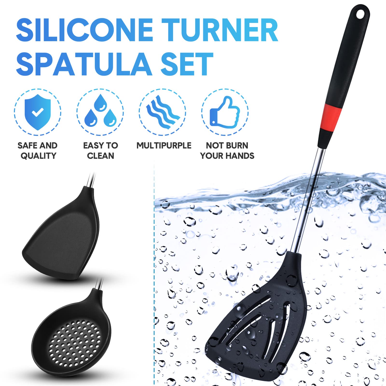3-Piece Silicone Stainless Steel Spatula Set - Flexible Wok Turner, Slotted Spatula & Skimmer Spoon for Nonstick Cookware - Perfect for Cooking, Baking, Flipping Pancakes & Stirring Sauces