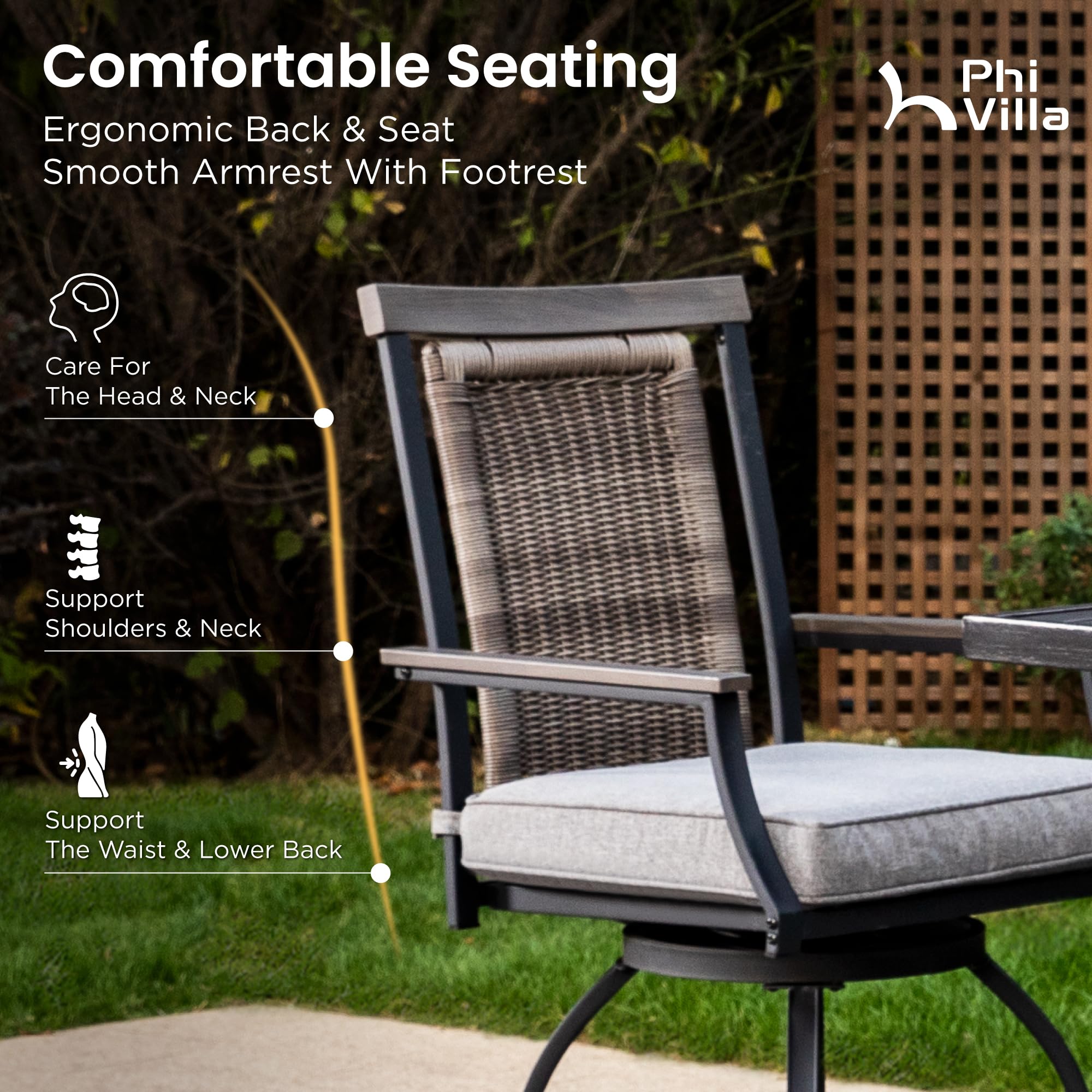 PHI VILLA 3-Piece Outdoor Bistro Set - Counter Height Swivel Bar Chairs with Rattan Backrest & Gray Cushion + Square Metal Table - Weatherproof Patio Furniture for Garden, Yard, Poolside - Perfect for Entertaining, Relaxing & Outdoor Dining