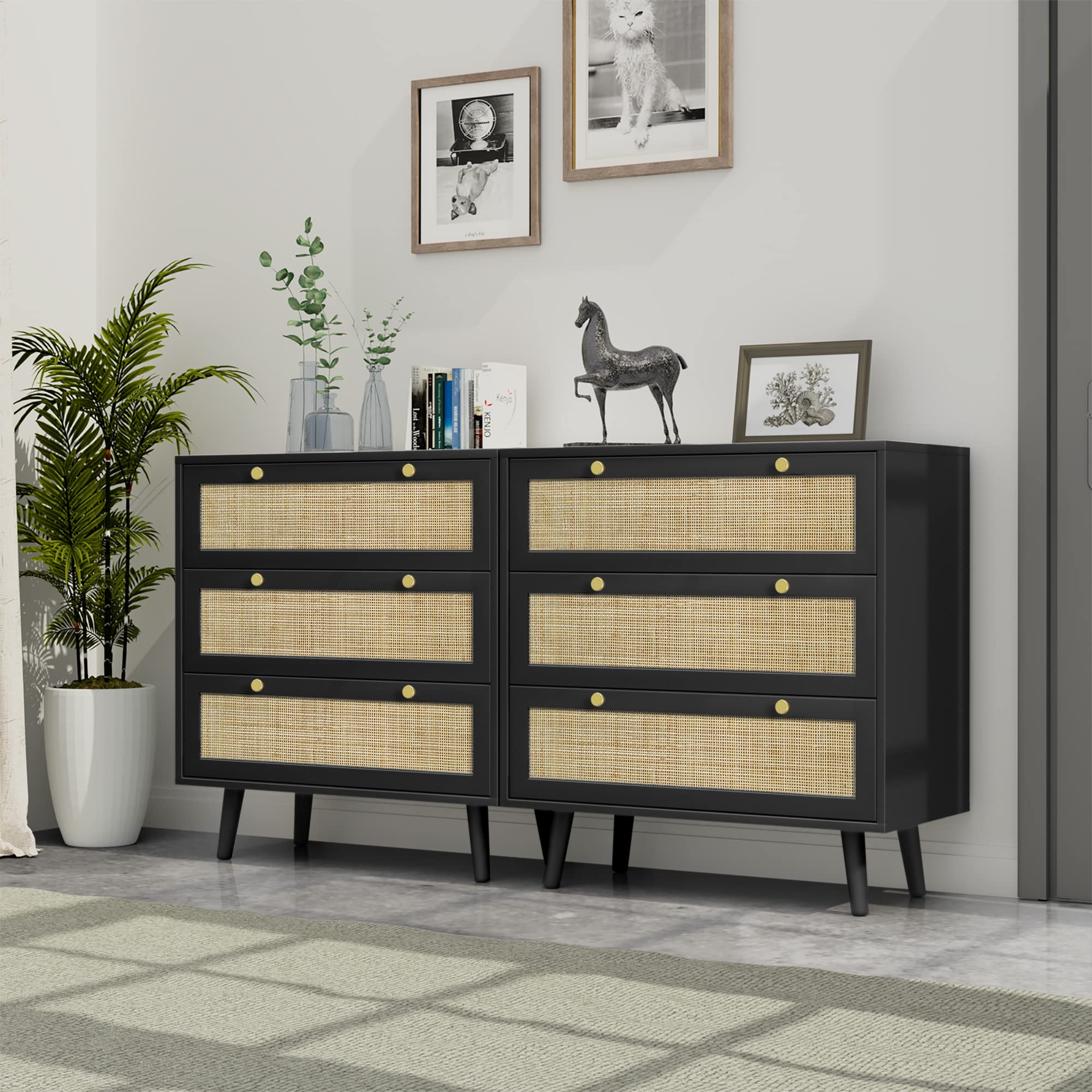 Modern Black Wood Dresser with 3 Drawers & Rattan Accents - Spacious Storage Chest for Bedroom & Living Room | Perfect for Organizing Clothes, Linens & Home Decor (Model H0075)