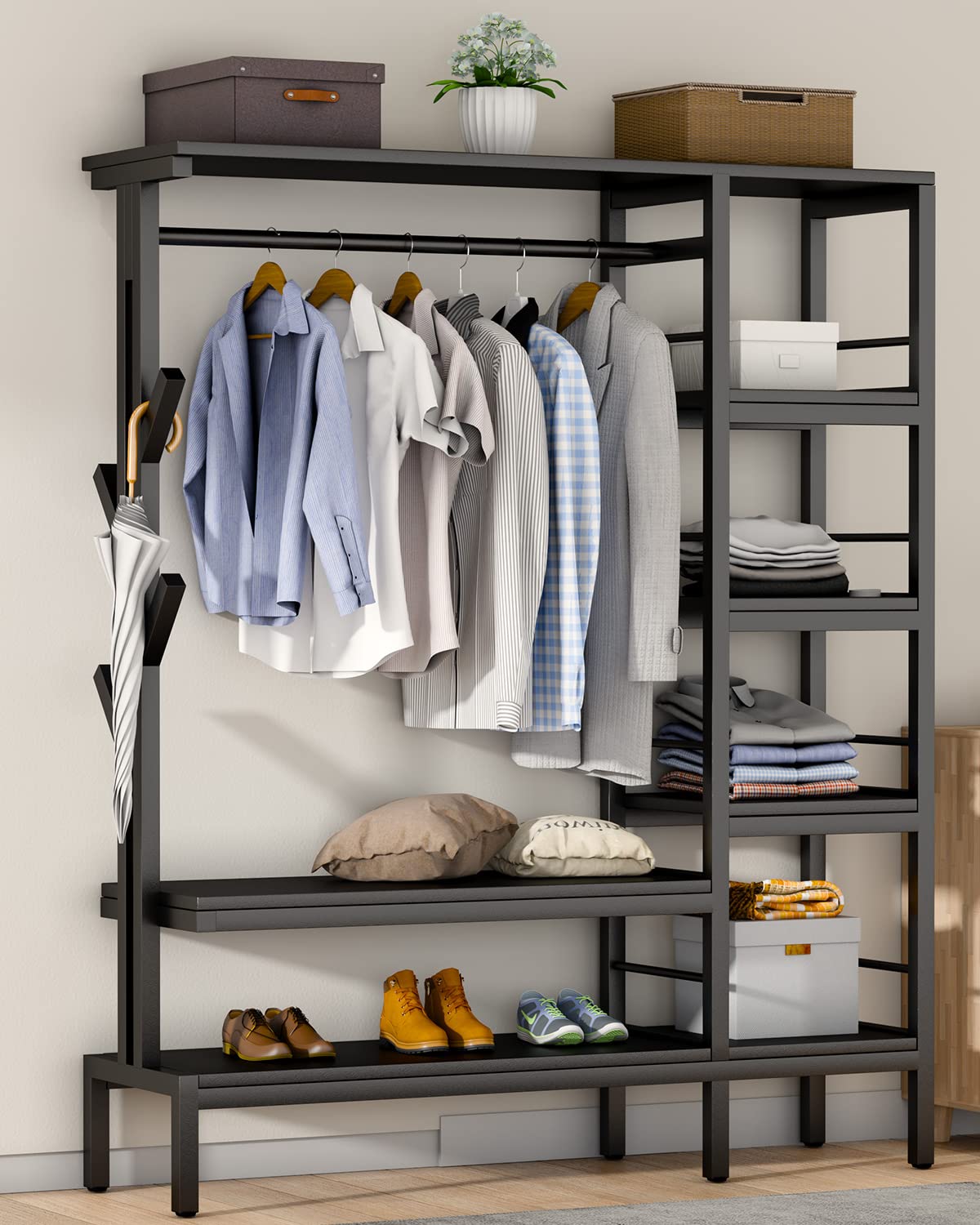 HOKEEPER 650lbs Heavy Duty Free Standing Closet Organizer with 6 Metal Shelves & Coat Rack - Sturdy Clothing Rack for Hanging Clothes, Wardrobe Storage, Bedroom, Closet Organization - Perfect for Small Spaces, Dorm Rooms & Apartment Living