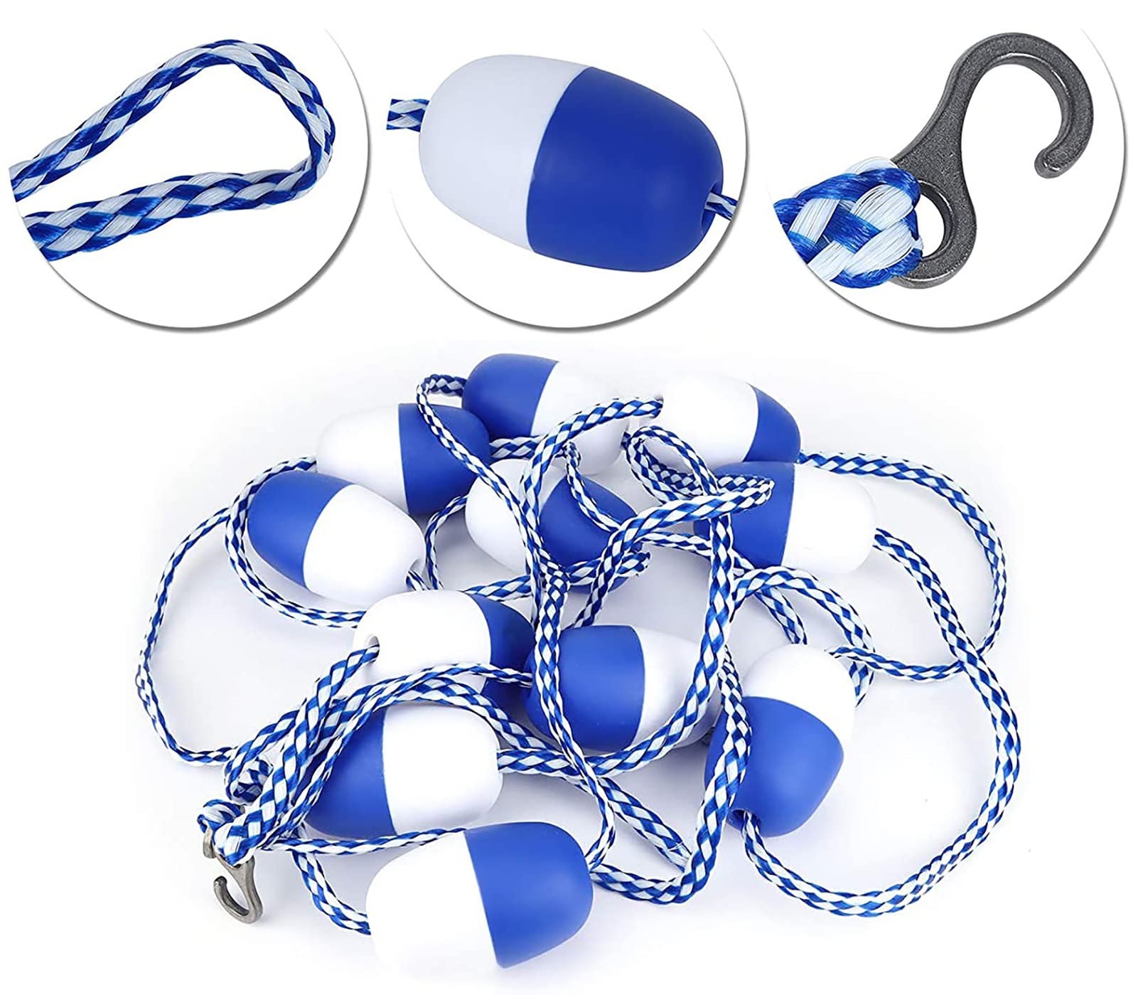 LVLONG Blue & White Pool Rope Float Keepers - Durable Polyethylene Safety Lane Divider with Floats for Swimming Pool Training & Competition (7m/23ft) - Perfect for Swim Meets, Lap Swimming & Water Safety