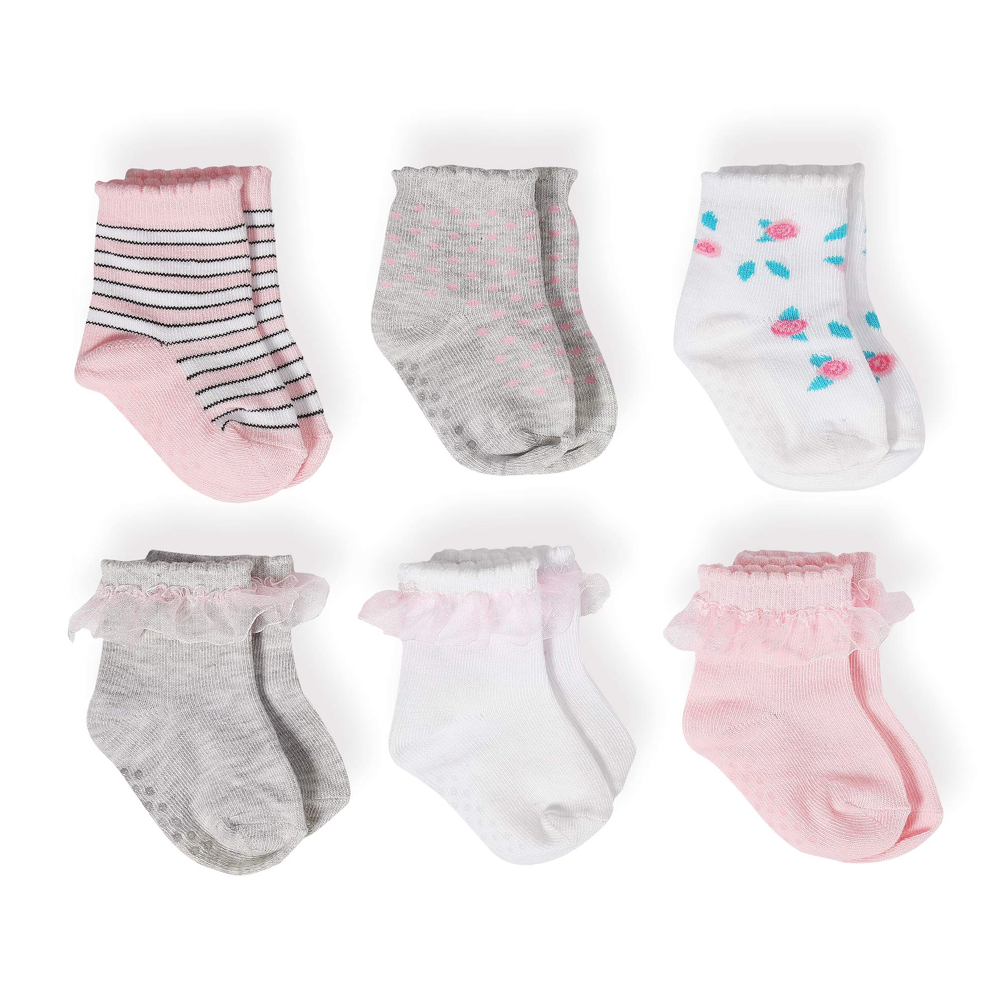 aden + anais Baby Girls' Cotton Crew Socks - 6 Pairs with Non-Slip Silicone Grippers | Soft Combed Cotton for Newborns & Infants | Perfect for Playtime, Daycare & Everyday Wear