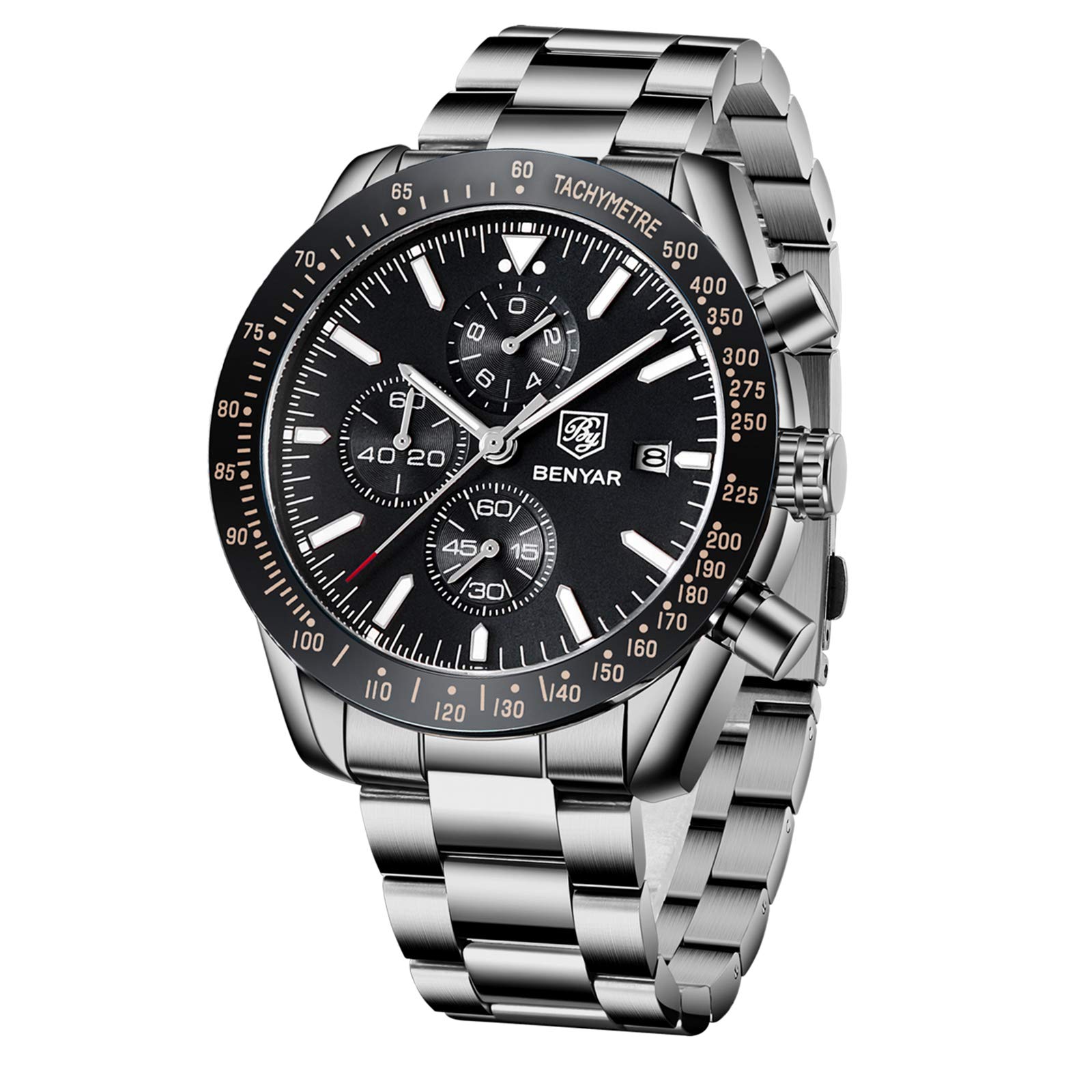 BENYAR Men's Chronograph Watch - Waterproof, Scratch-Resistant Business Quartz Watch with Leather Strap - Perfect for Office, Formal Events & Everyday Wear
