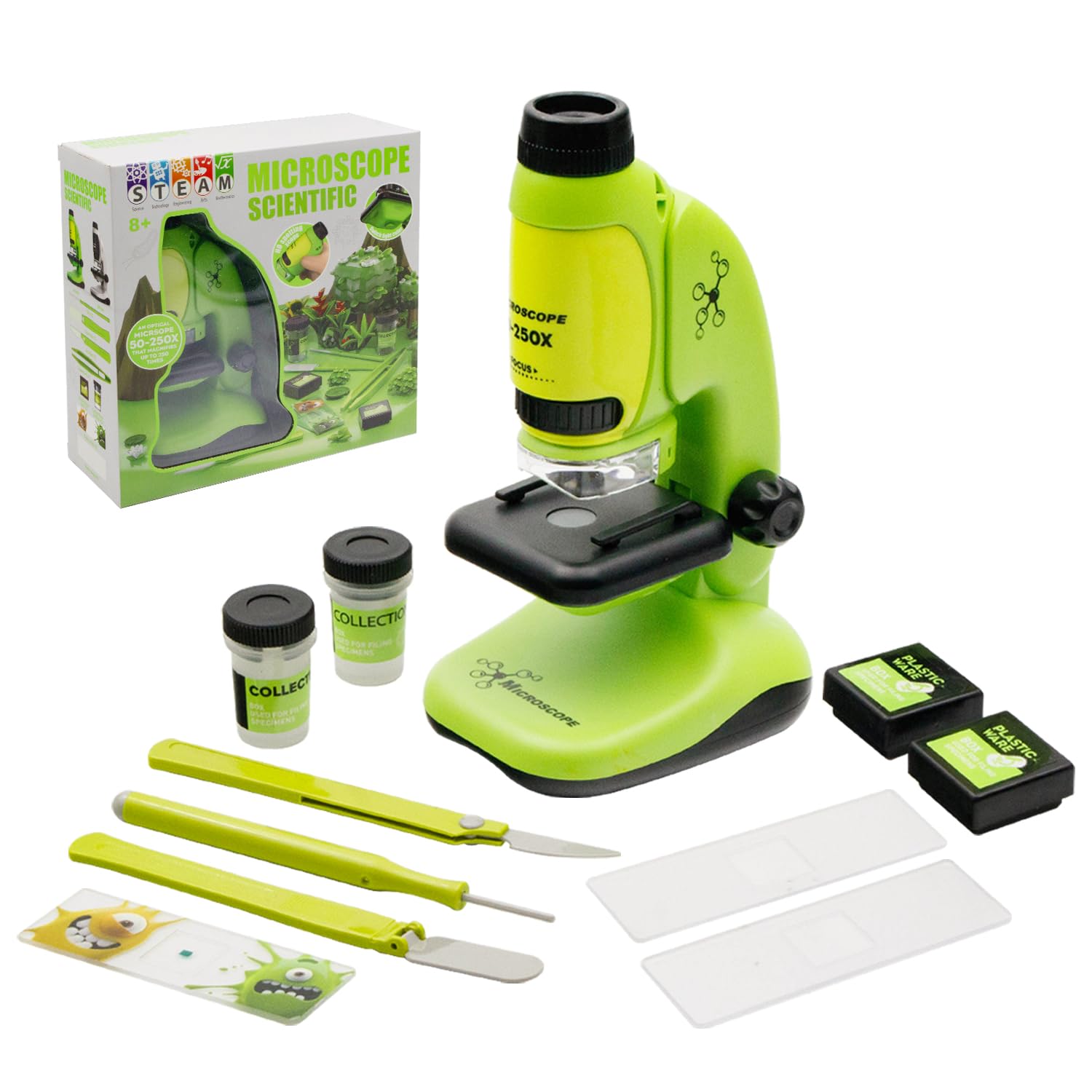 2 in 1 Detachable Kids Microscope with 50X-250X Magnification - STEM Educational Toy with LED Light, Specimen Slides & Portable Pocket Scope - Perfect for Science Experiments, Classroom Learning & Birthday Gifts for Boys Girls Ages 8+