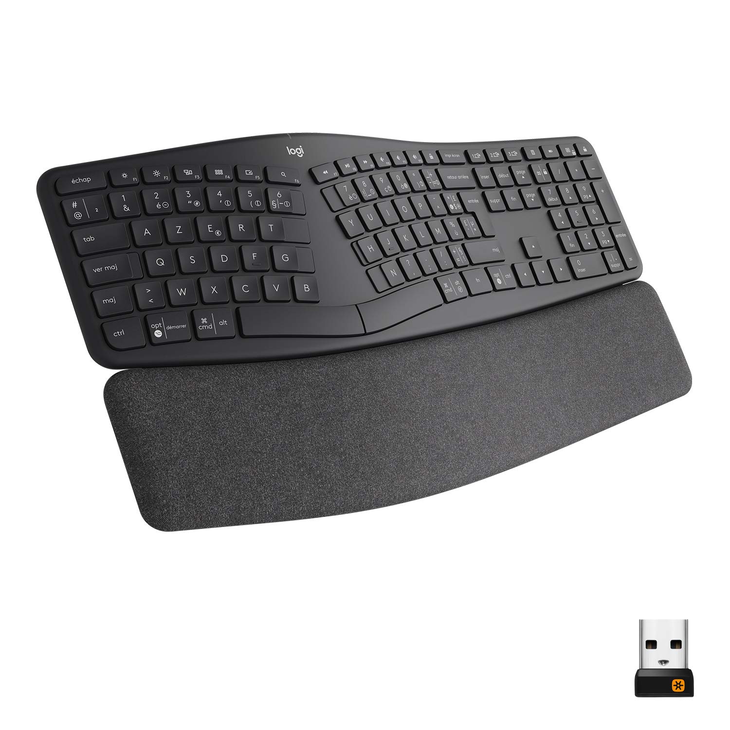 Logitech ERGO K860 Wireless Ergonomic Keyboard with Wrist Rest - Split Design for Natural Typing, Bluetooth & USB Connectivity - PC & Mac Compatible (French AZERTY Layout, Grey) - Ideal for Office Work, Long Typing Sessions & Reducing Wrist Strain