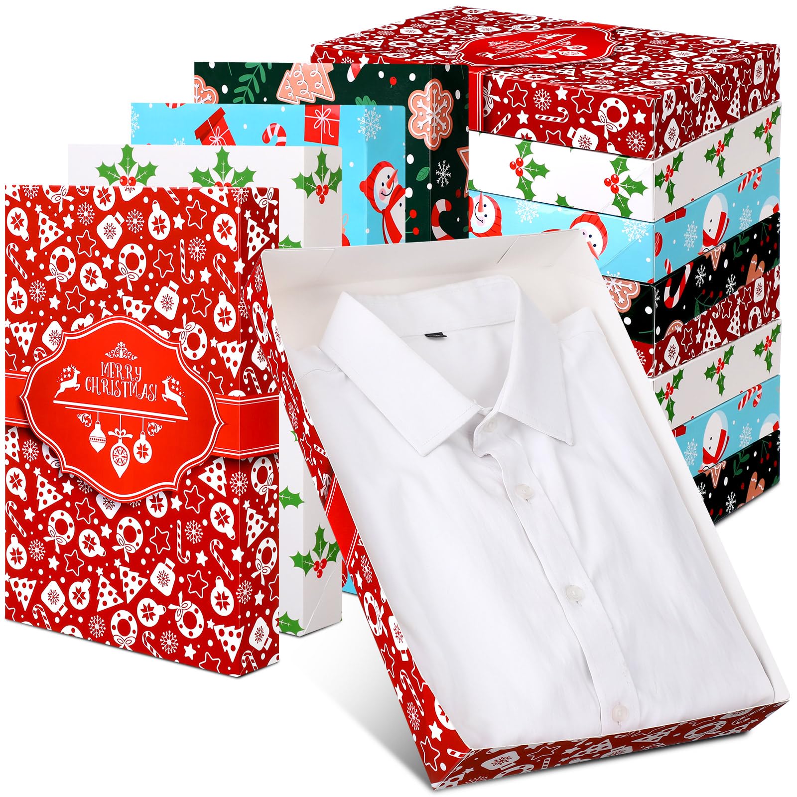Qilery 24-Piece Christmas Shirt Gift Box Set with Lids - 14x9.5x2 Inch Large Holiday Packaging Boxes for Clothing, Gifts & Presents - Bulk Xmas, Birthday, Wedding Gift Wrap Boxes (4 Festive Designs) - Perfect for Holiday Gifting, Retail Packaging & Party Favors