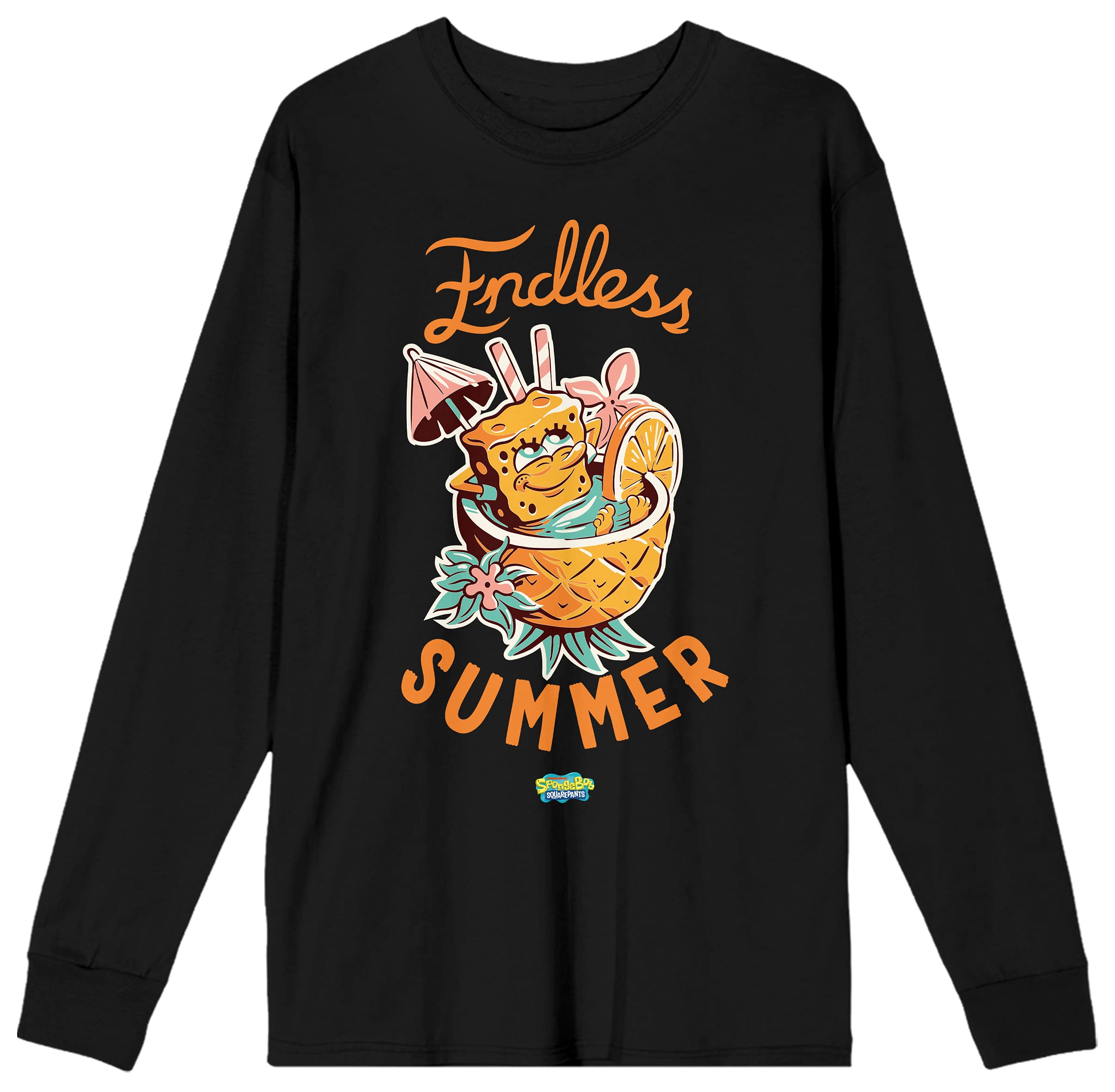 Spongebob Squarepants Pineapple Pool Graphic Tee - Men's Black Long Sleeve Shirt for Summer & Beach Parties | Cartoon Character Apparel