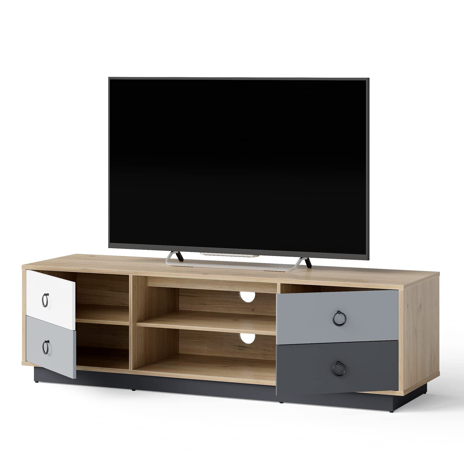 Tangkula 60 Inch Modern TV Stand with 2 Storage Cabinets & 2 Adjustable Shelves - Solid Wood Entertainment Center for Living Room, Bedroom - Cable Management Holes for 55-65 Inch TVs - Perfect for Home Theater & Media Storage