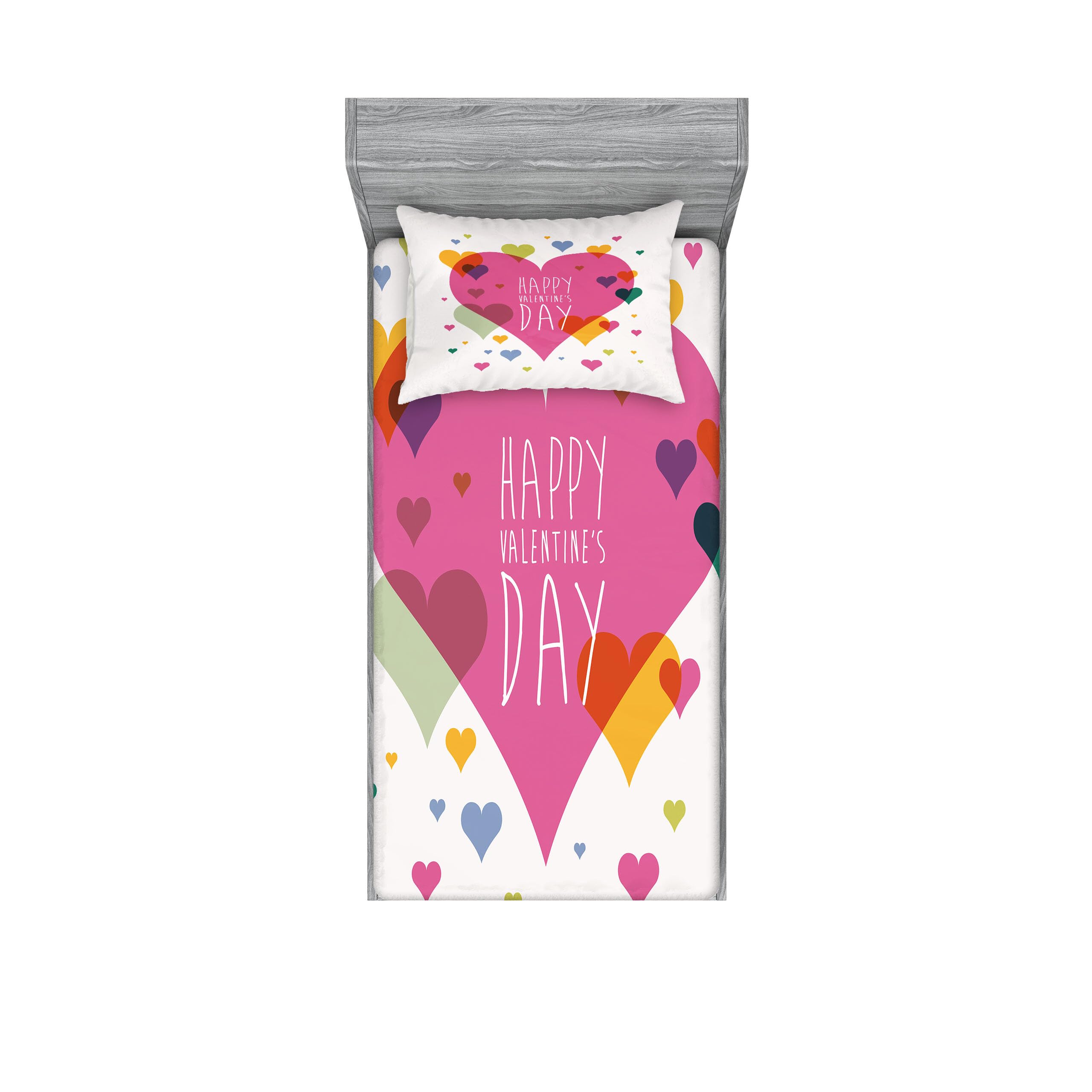 Ambesonne Valentine's Day Fitted Sheet & Pillow Sham Set - Romantic Love Theme with Abstract Hearts & Celebration Words, 2-Piece Printed Bedding Decor for Twin Size, Multicolor | Perfect for Couples' Bedroom, Anniversary Gifts & Romantic Home Decor