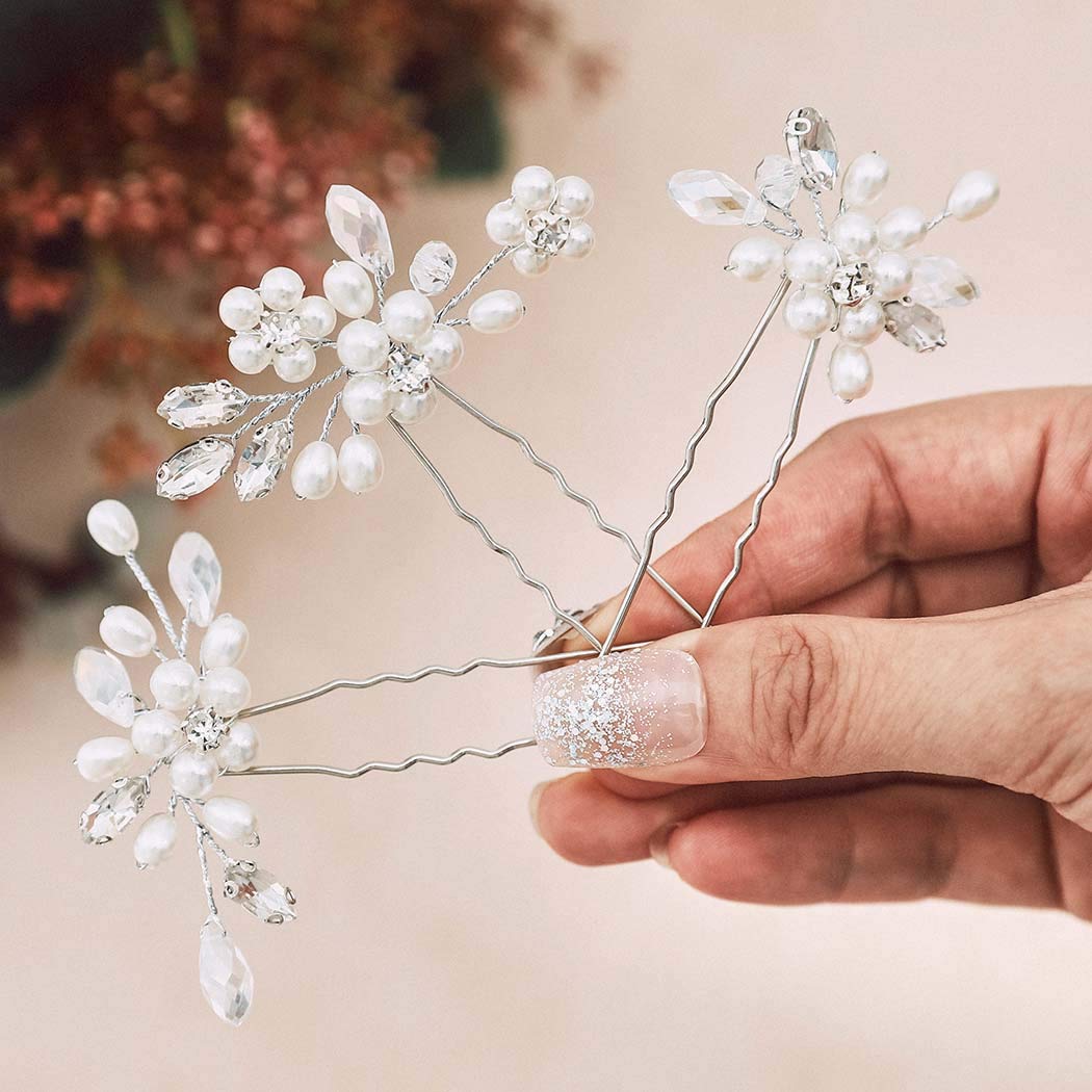 Silver Pearl Bridal Hair Pins - Rhinestone Wedding Hair Clips for Women (3-Pack) - Perfect for Brides & Prom