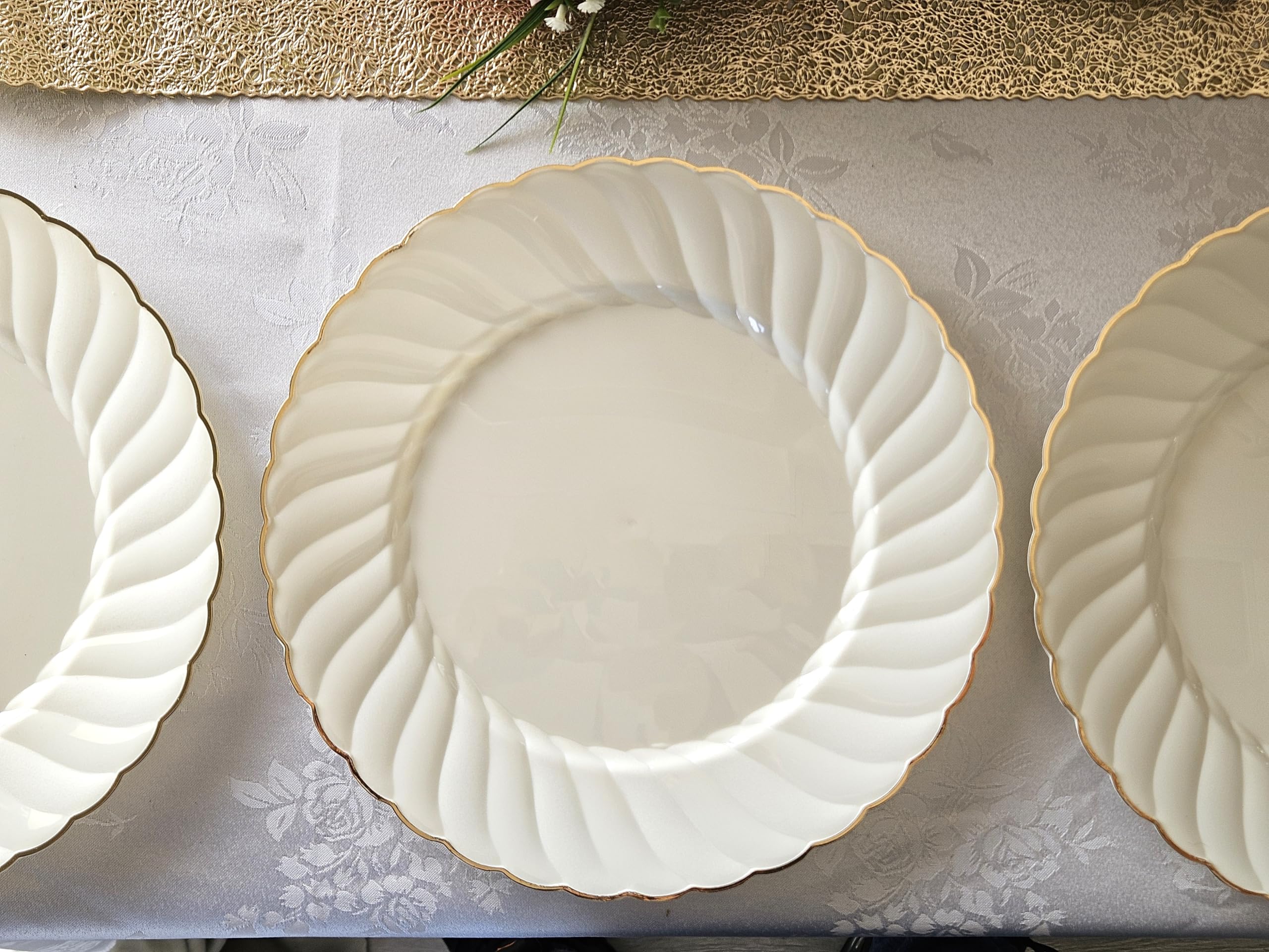 200-Piece Vintage Wedding Party Disposable Plastic Plates Set - 25x10.25'' & 25x7.5'' Plates, Silverware, Gold-Rim Cups, Napkins (Blossom Ivory & Gold) - Perfect for Weddings, Anniversaries, Bridal Showers & Elegant Events