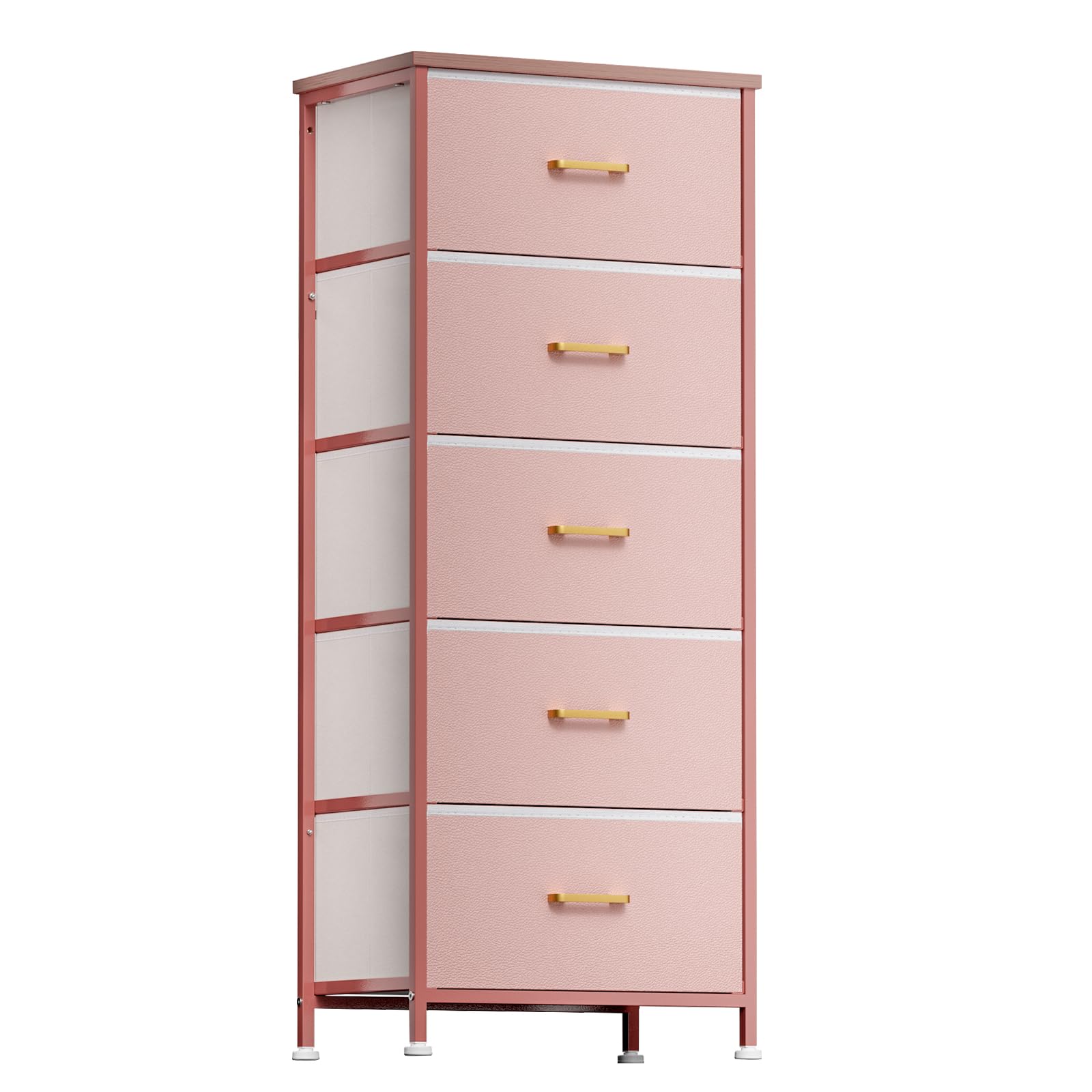 5-Drawer Tall Dresser for Bedroom - Pink Storage Tower with Sturdy Steel Frame, Fabric Bins & Wood Top - Perfect for Kids Room, Nursery, Closet or Living Room Organization - Elegant Leather Finish Dresser for Girls Bedroom Decor