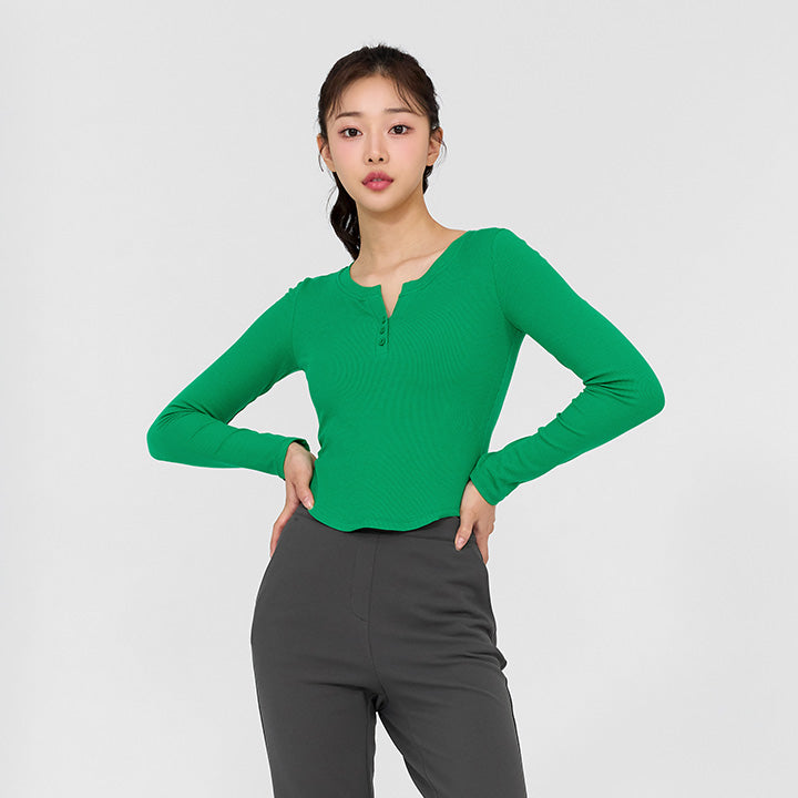 Soft Ribbed Button Long Sleeve T-Shirt for Women - Comfortable Stretch Cotton Top for Casual Wear & Layering