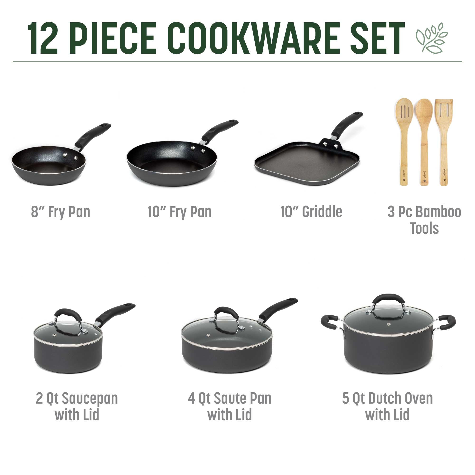 Premium Goodful Ceramic Nonstick Cookware Set - 12-Piece PFOA-Free Pots & Pans with Eco-Friendly Coating | Dishwasher Safe, Charcoal Gray | Perfect for Home Cooking, Professional Kitchens & Healthy Meal Prep