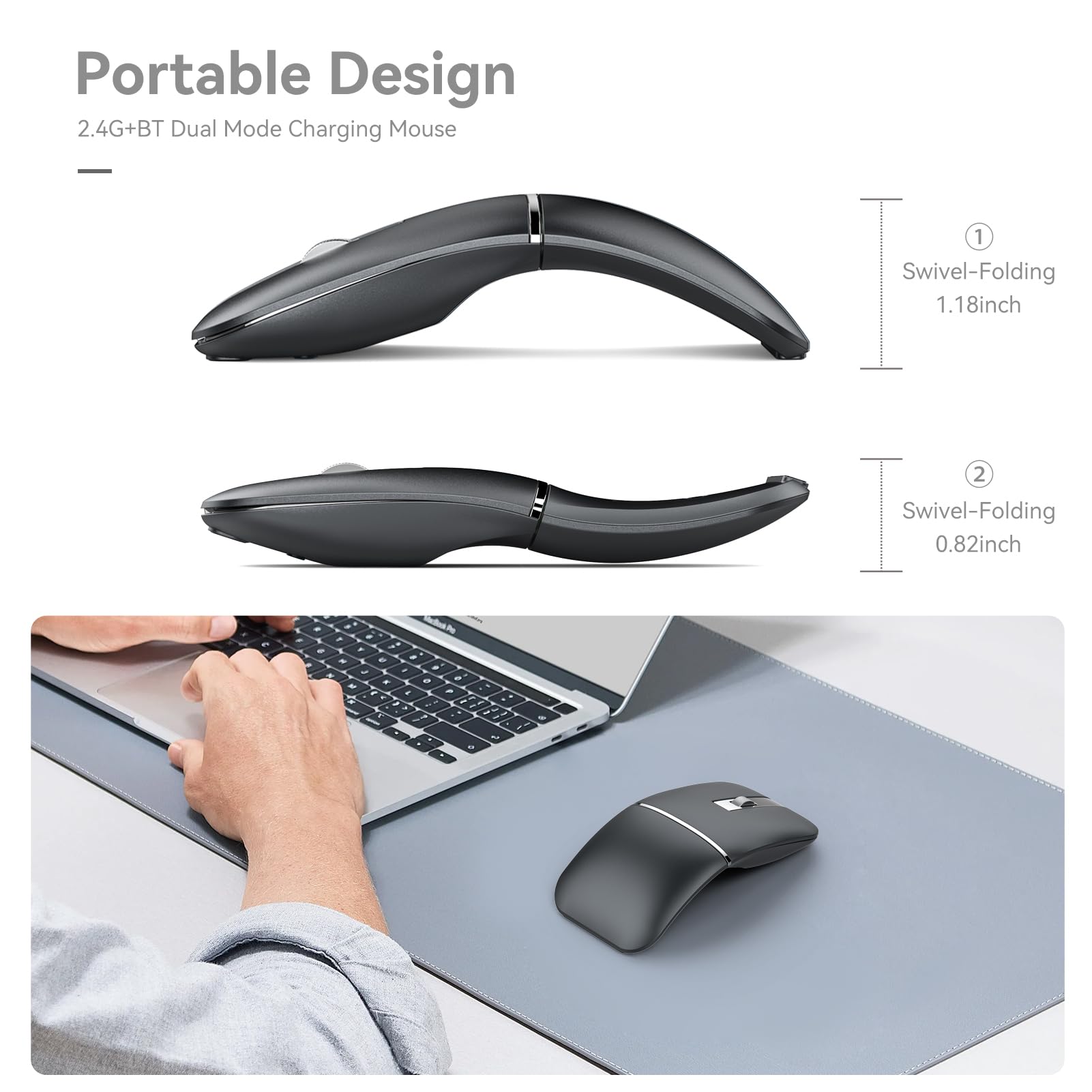 Wireless Bluetooth Arc Mouse for Laptop & PC - Rechargeable USB Slim Ergonomic Mouse with Adjustable DPI (800/1200/1600) for MacBook, Chromebook, Lenovo - Perfect for Office Work, Travel & Home Use
