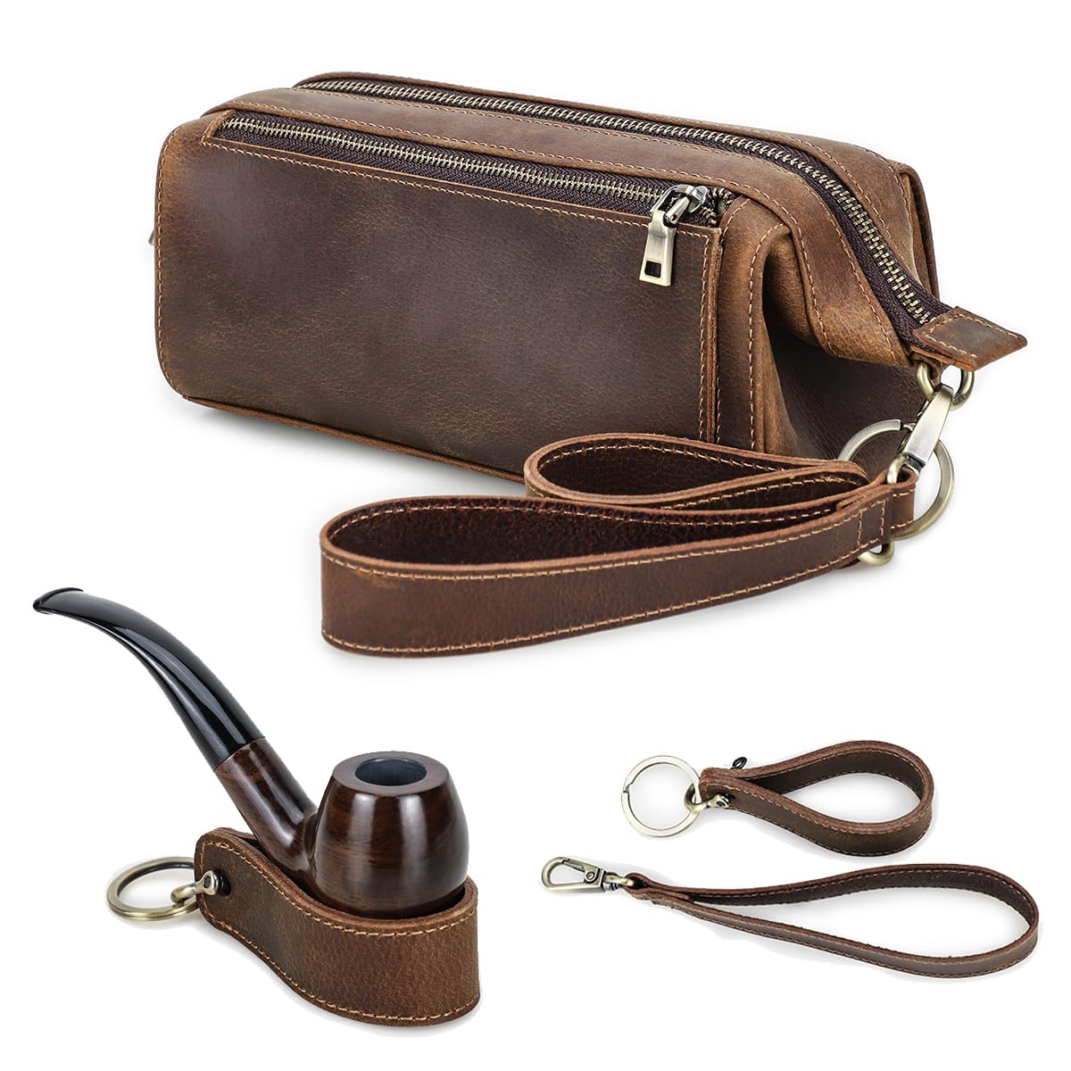 Premium Full Grain Leather Travel Tobacco Pipe Pouch with Stand - Organizer for 2 Pipes, Lighter & Cigarettes | Portable Smoking Accessories Case for Outdoor Adventures, Camping & Travel