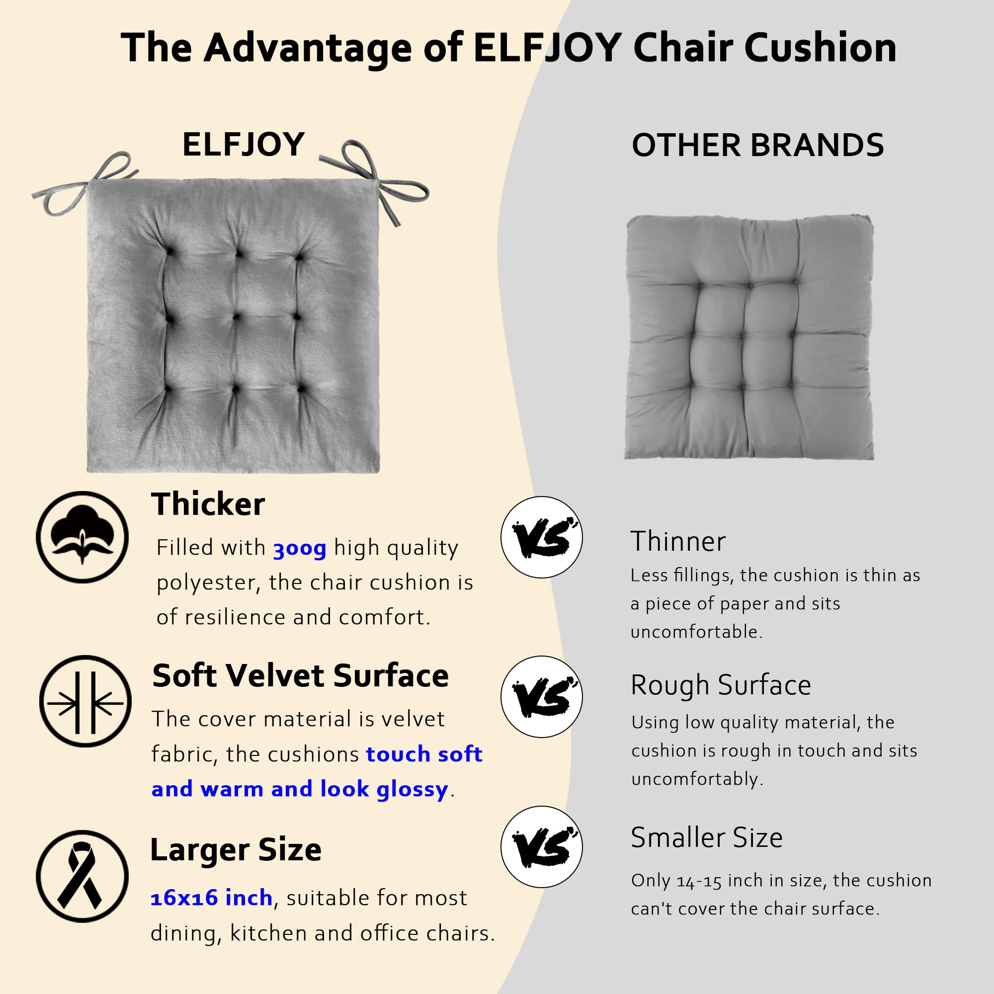 ELFJOY 4 Pack Grey Velvet Chair Cushions - 16