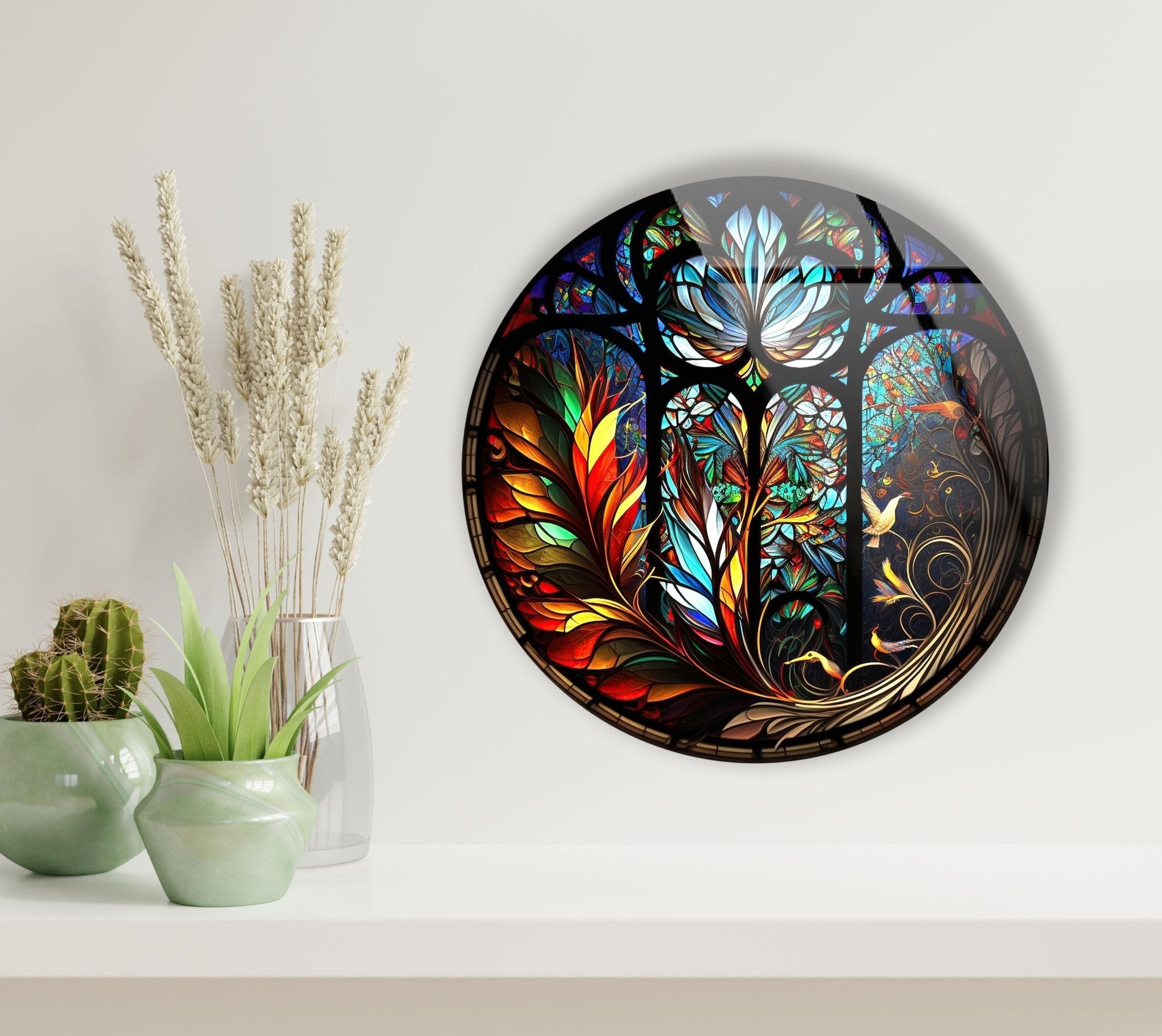 Handcrafted Stained Glass Round Wall Art Decor - Elegant Home & Office Decoration for Living Room, Bedroom, or Entryway