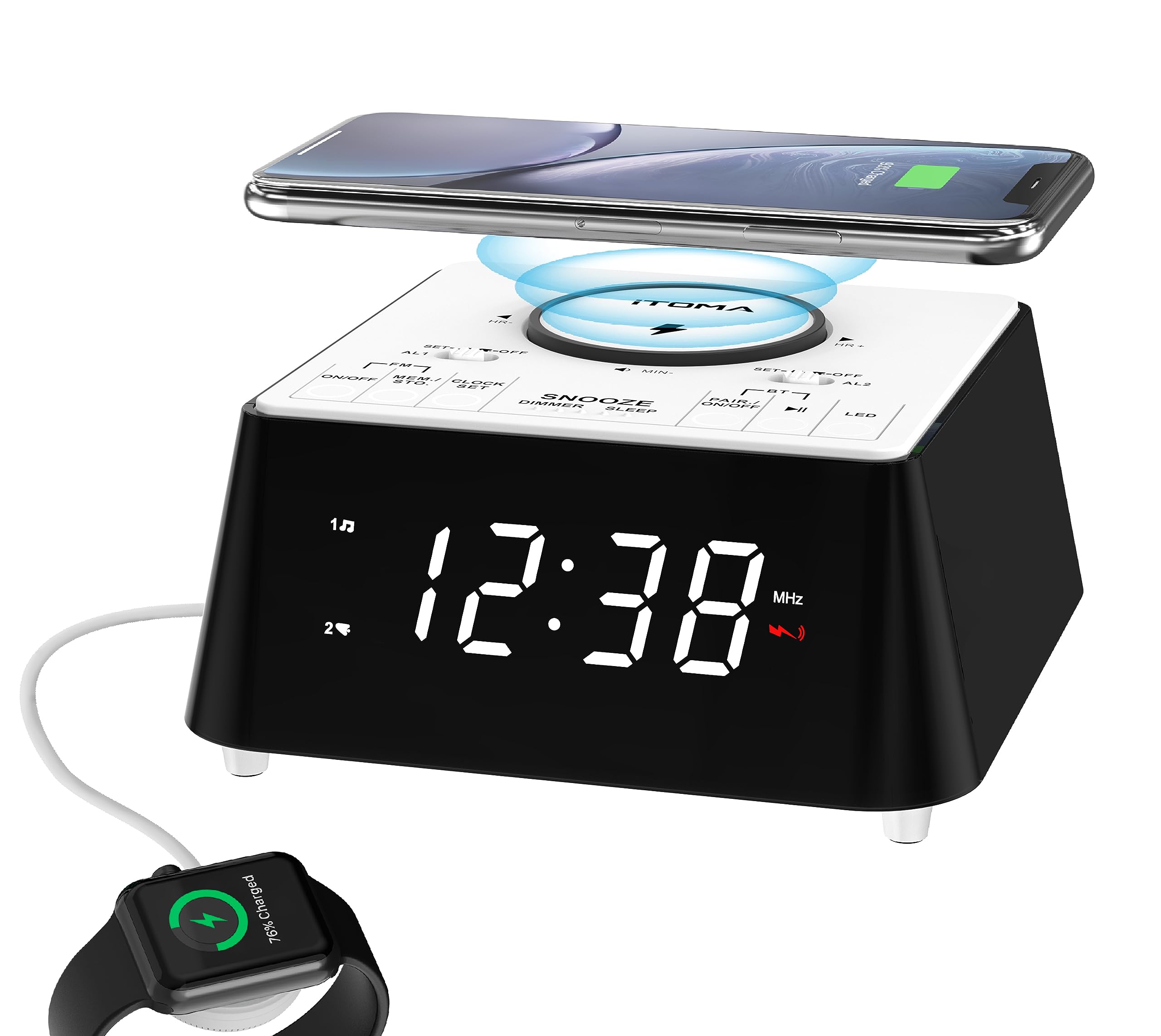 iTOMA Wireless Charging Alarm Clock Radio with Bluetooth Speaker | FM Radio, Dual Alarm & Snooze | USB Charging Port & Night Light | Dimmable Display for Bedroom, Office & Travel (Model 205)