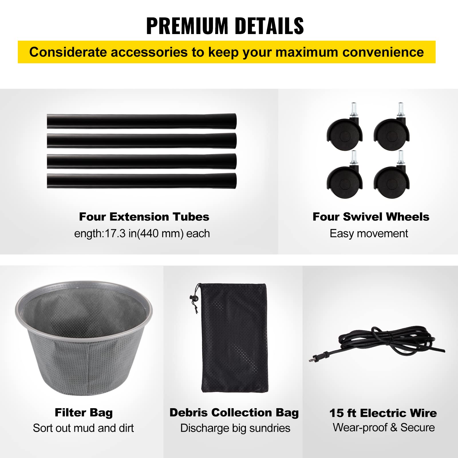 VEVOR 1400W Powerful Pond Vacuum Cleaner with 15ft Electric Wire, 4 Brush Heads & 4 Extension Tubes - Above Ground Pool Cleaner for Leaves, Algae & Debris - Perfect for Koi Ponds, Water Gardens & Outdoor Fountain Maintenance