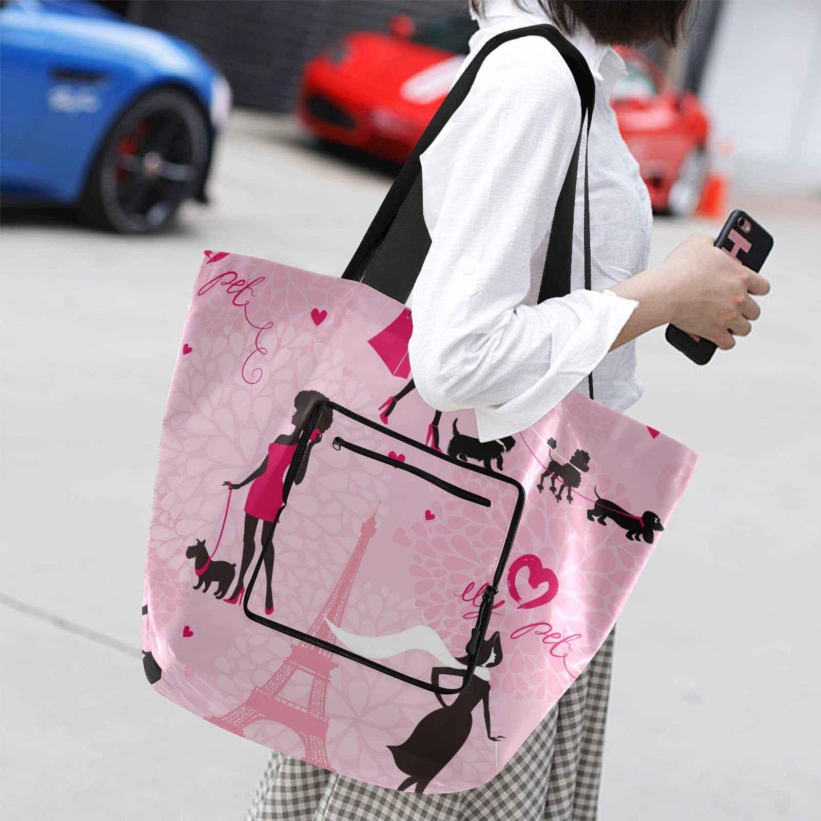 ALAZA Paris Eiffel Tower France Pink Large Dog Tote Bag - Reusable Foldable Grocery Shopping Bag with Handles, Lightweight Shoulder Bag for Women | Perfect for Travel, Picnic, Beach & Outdoor Activities