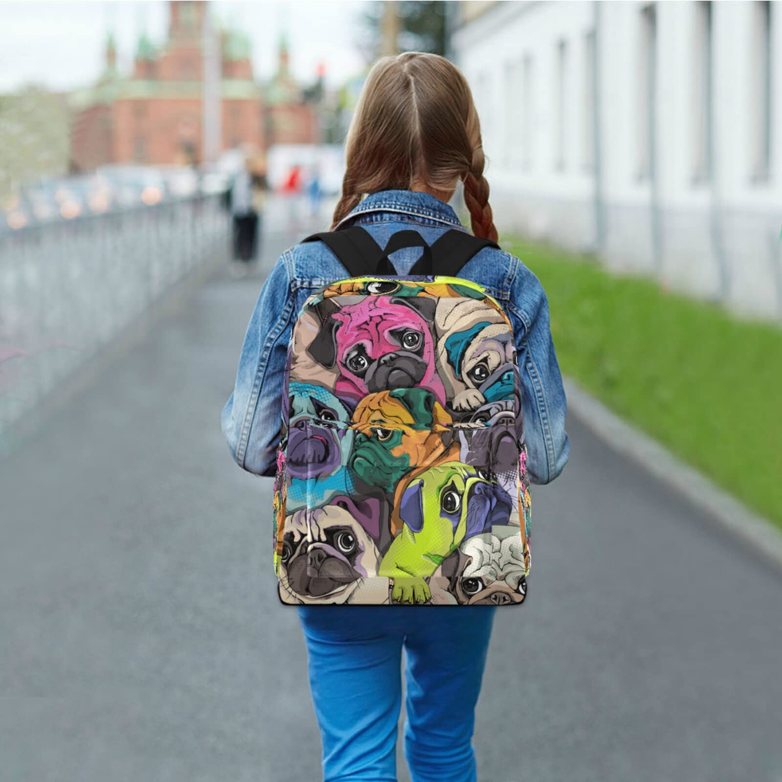 Fustylead Colorful Pugs Large Backpack for Kids - Durable School Bag for Boys & Girls with Multiple Pockets, Fits Laptop, iPad & Tablet - Perfect for Travel, School & Daily Use