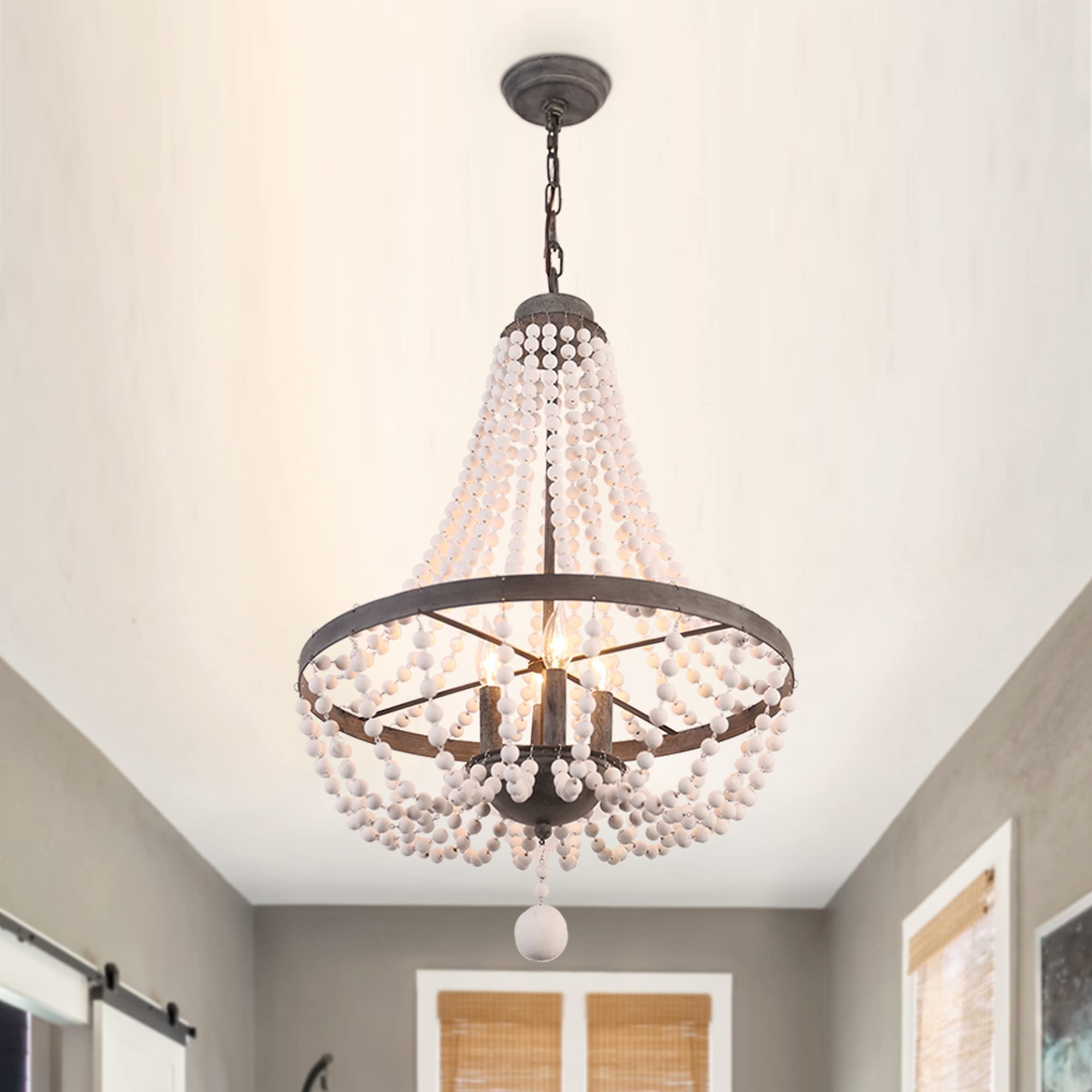 4-Light Farmhouse Wood Beaded Chandelier - Bohemian Ceiling Pendant Light Fixture for Dining Room, Kitchen, Living Room & Entryway (Black) | Rustic Home Decor for Country House, Cottage & Farmhouse Style Interiors