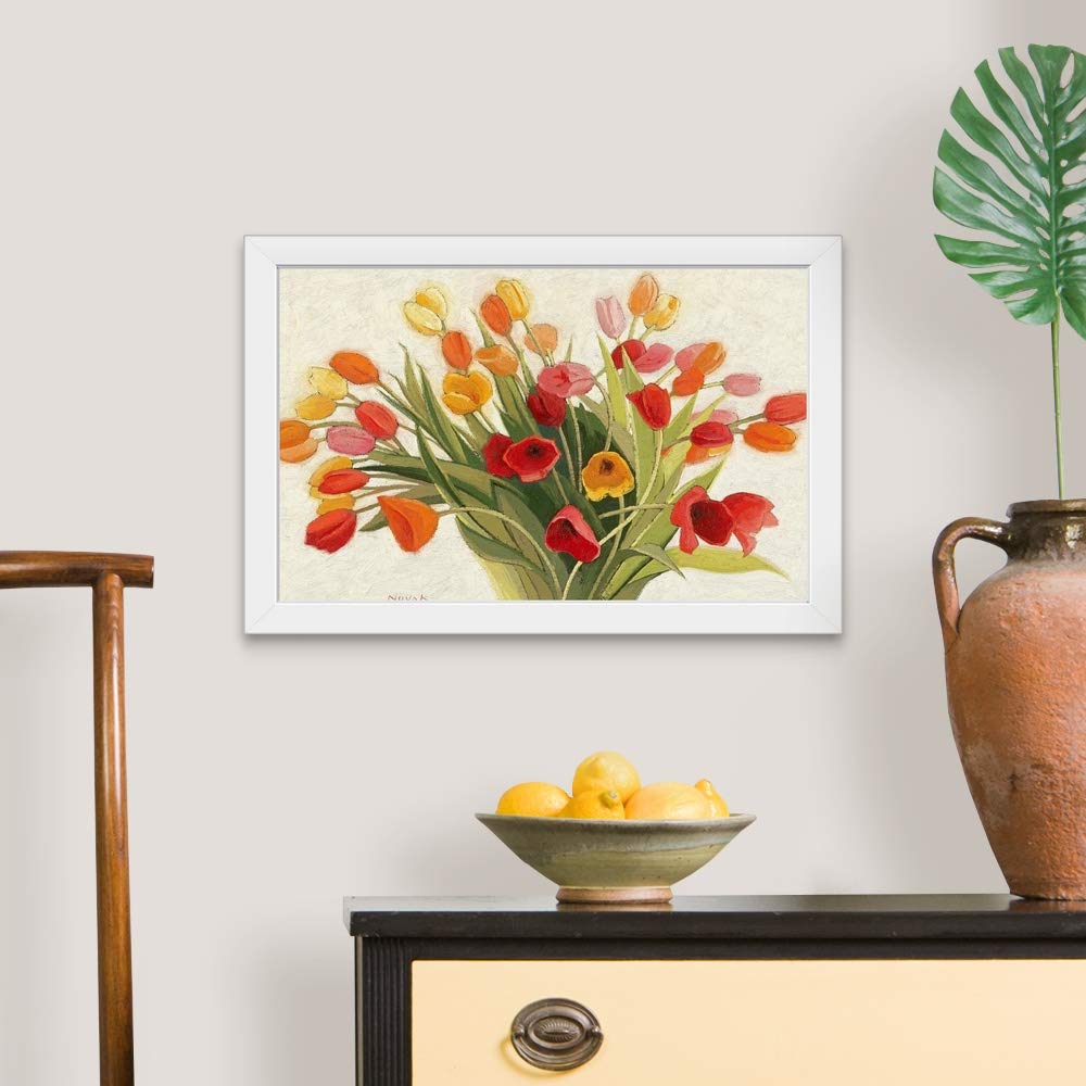 Spring Tulips White Framed Wall Art Print - Elegant Tulip Flower Painting for Home & Office Decor - Perfect for Living Room, Bedroom, Dining Room Wall Decoration