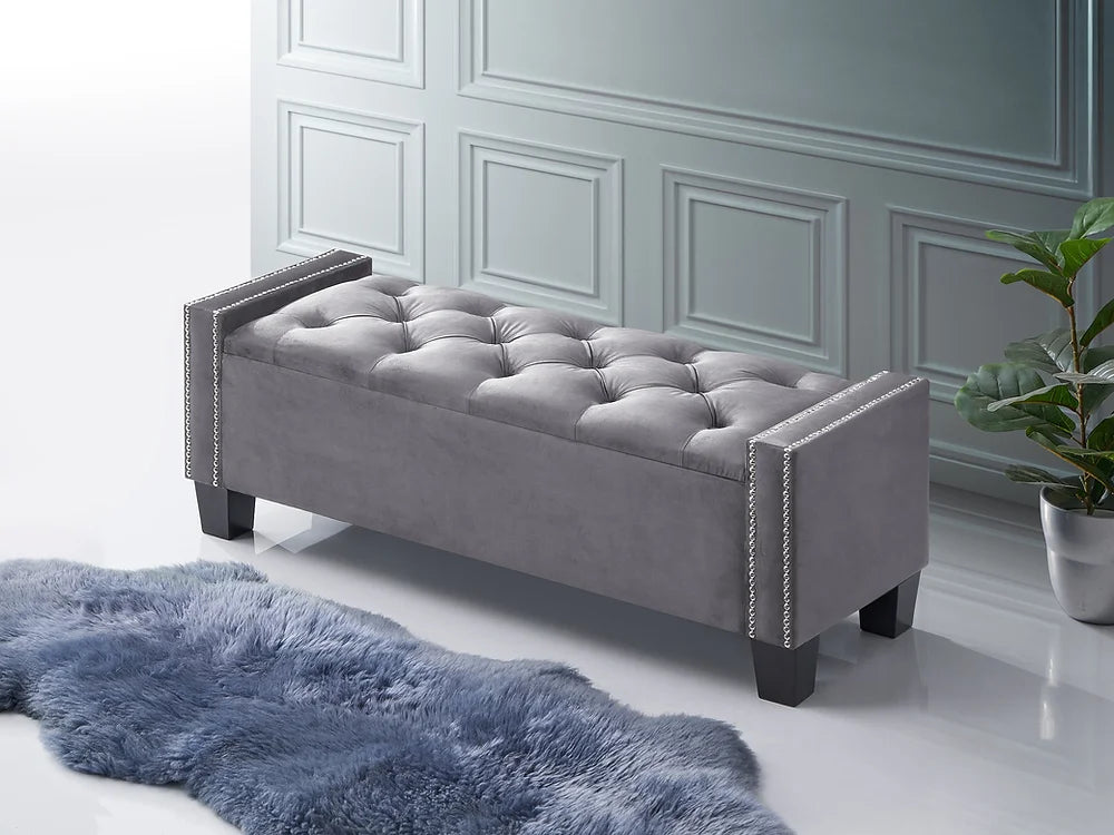 Grey Velvet Storage Bench with Nailhead Button Tufting & Black Legs - Model #6200 | Upholstered Entryway Bench Seat with Storage for Bedroom, Living Room & Hallway