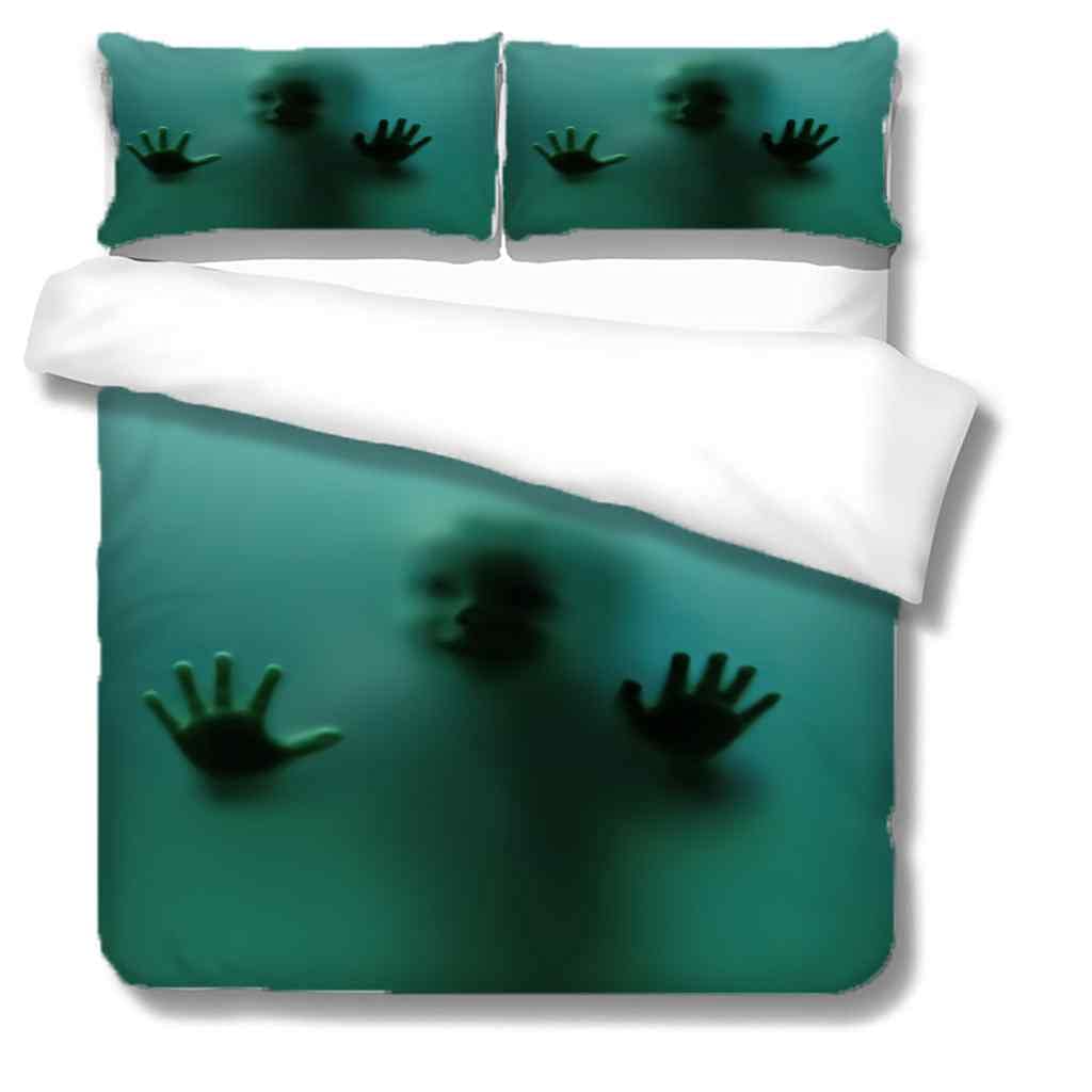 Queen Size Duvet Cover Set 90x90 Inches - Modern Green Halloween Ghost Print Soft Microfiber Bedding with Zipper Closure & Corner Ties + 2 Pillow Shams | Spooky Bedroom Decor for Halloween Party & Cozy Home